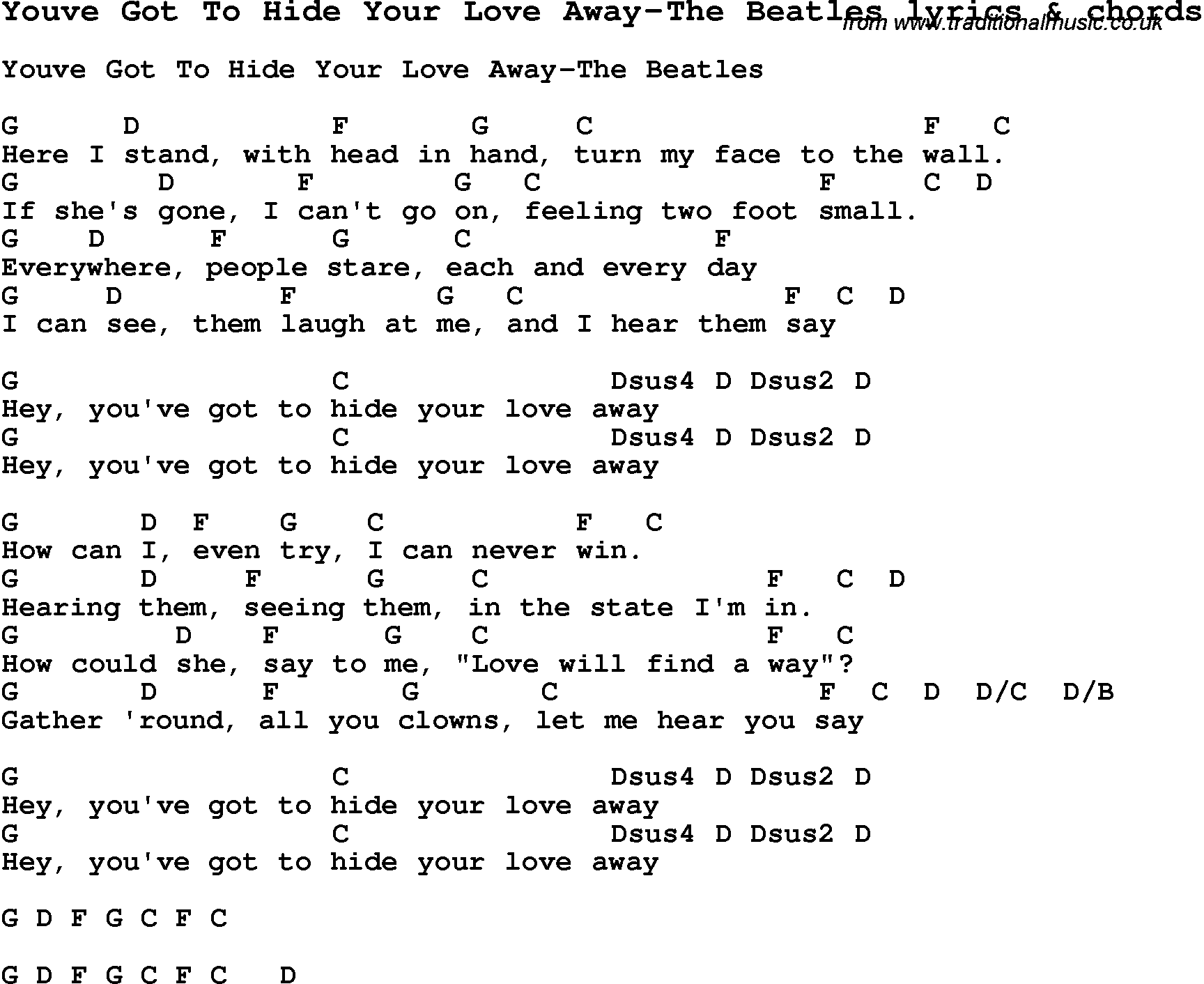 Love Song Lyrics for: Youve Got To Hide Your Love Away-The Beatles with chords for Ukulele, Guitar Banjo etc.