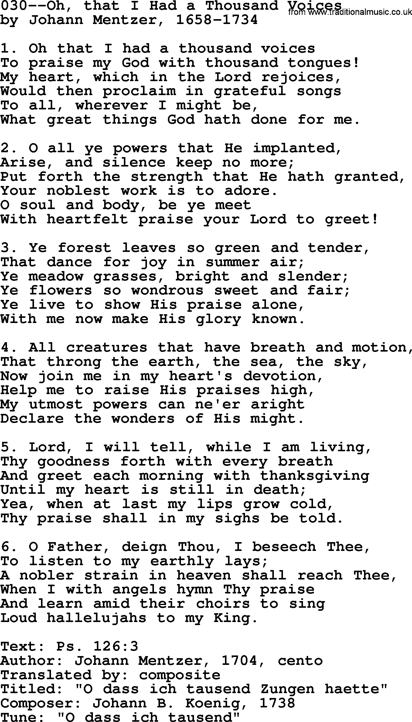 Lutheran Hymn: 030--Oh, that I Had a Thousand Voices.txt lyrics with PDF