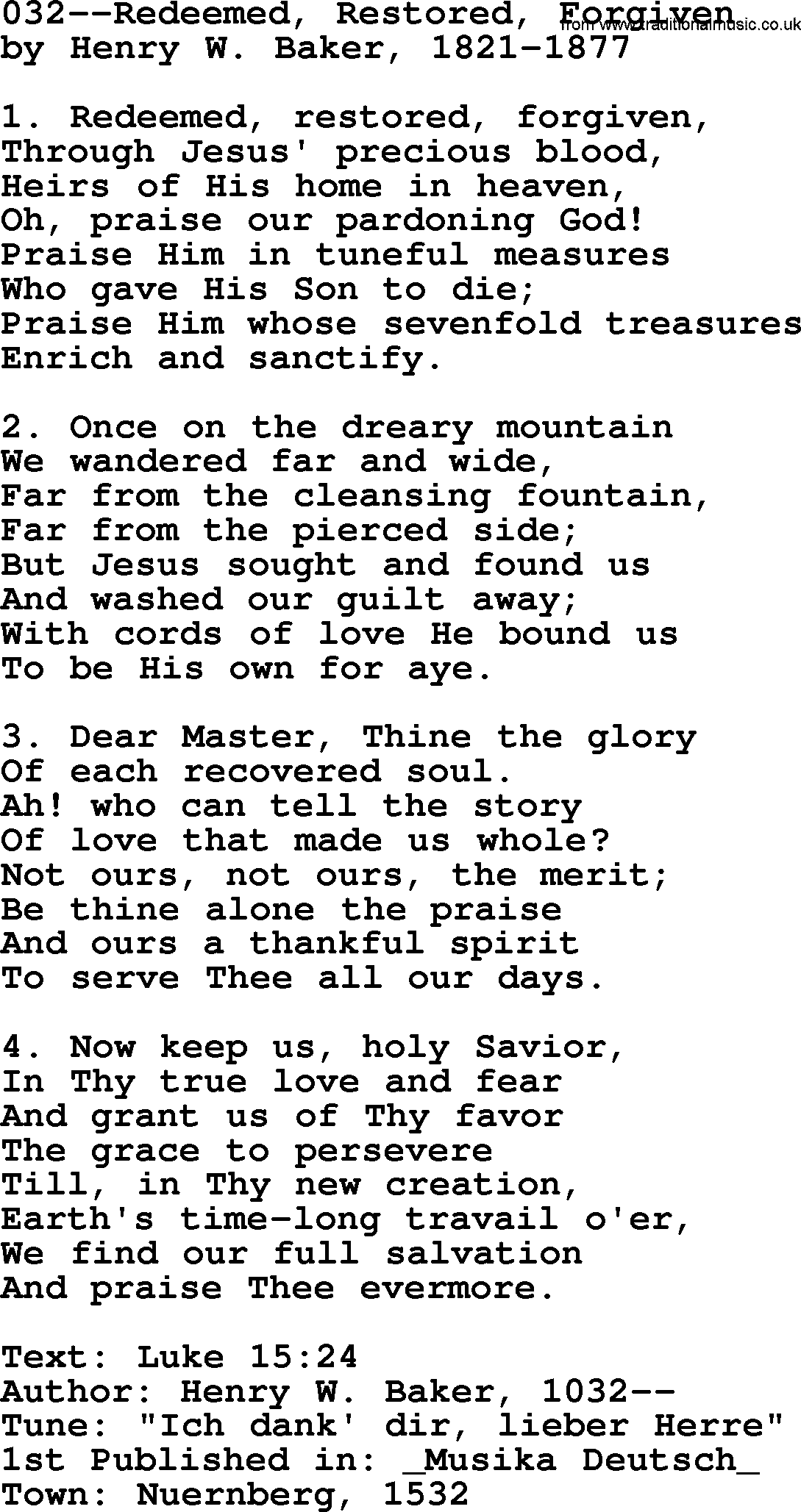 Lutheran Hymn: 032--Redeemed, Restored, Forgiven.txt lyrics with PDF