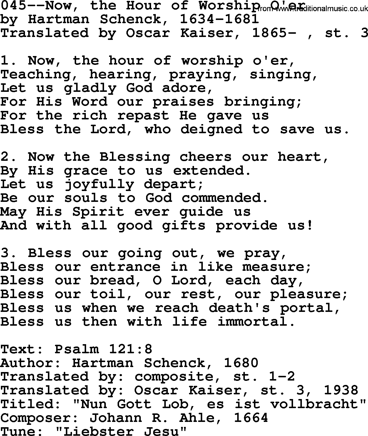Lutheran Hymn: 045--Now, the Hour of Worship O'er.txt lyrics with PDF