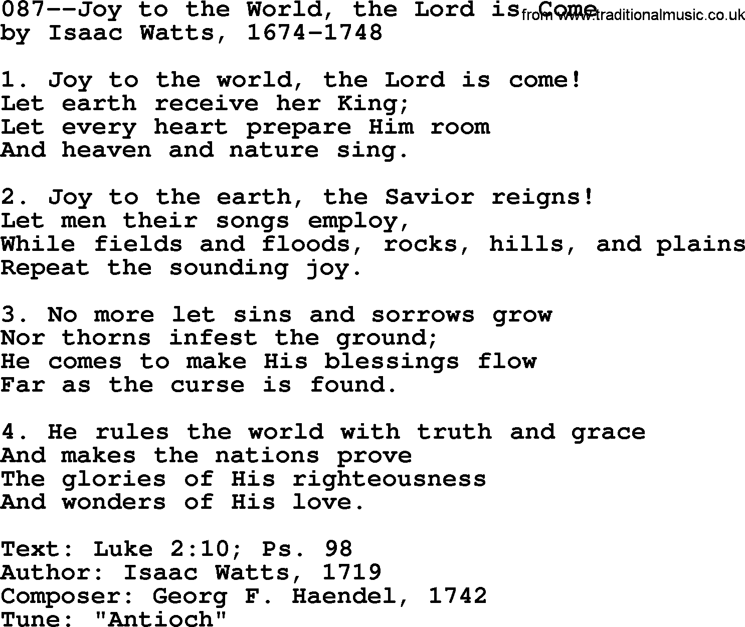 Lutheran Hymn: 087--Joy to the World, the Lord is Come.txt lyrics with PDF