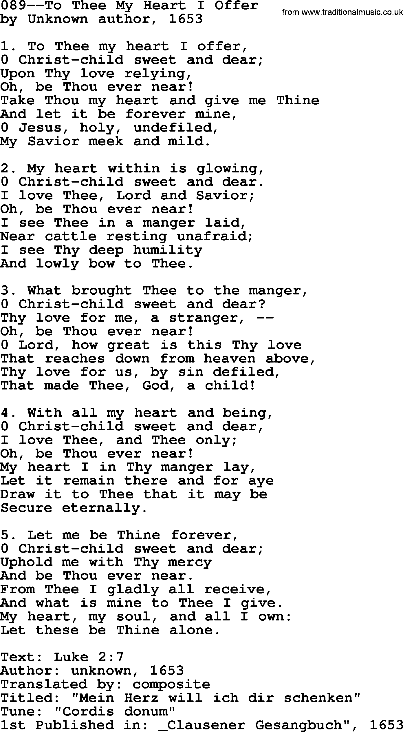 Lutheran Hymn: 089--To Thee My Heart I Offer.txt lyrics with PDF