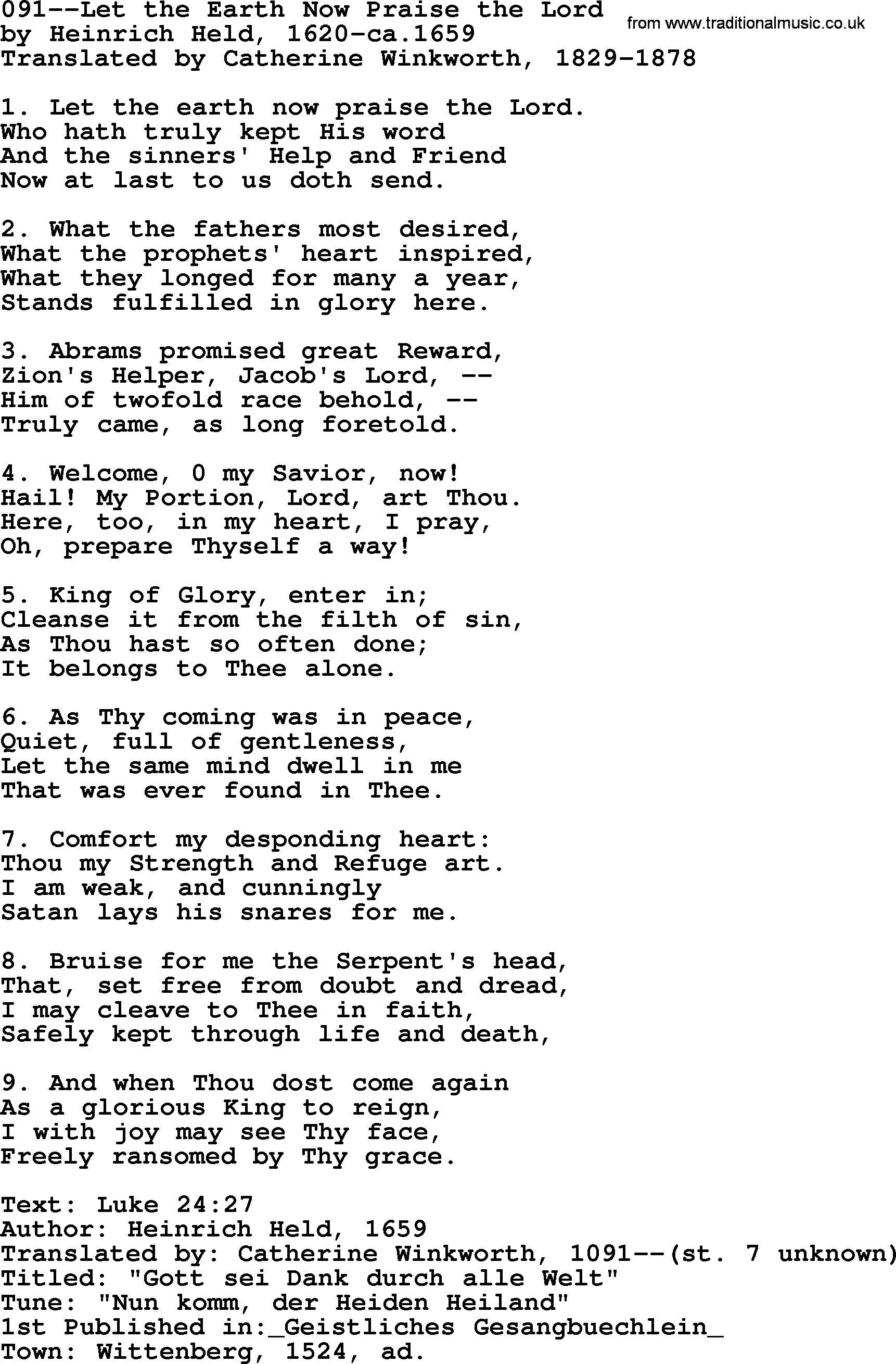 Lutheran Hymn: 091--Let the Earth Now Praise the Lord.txt lyrics with PDF