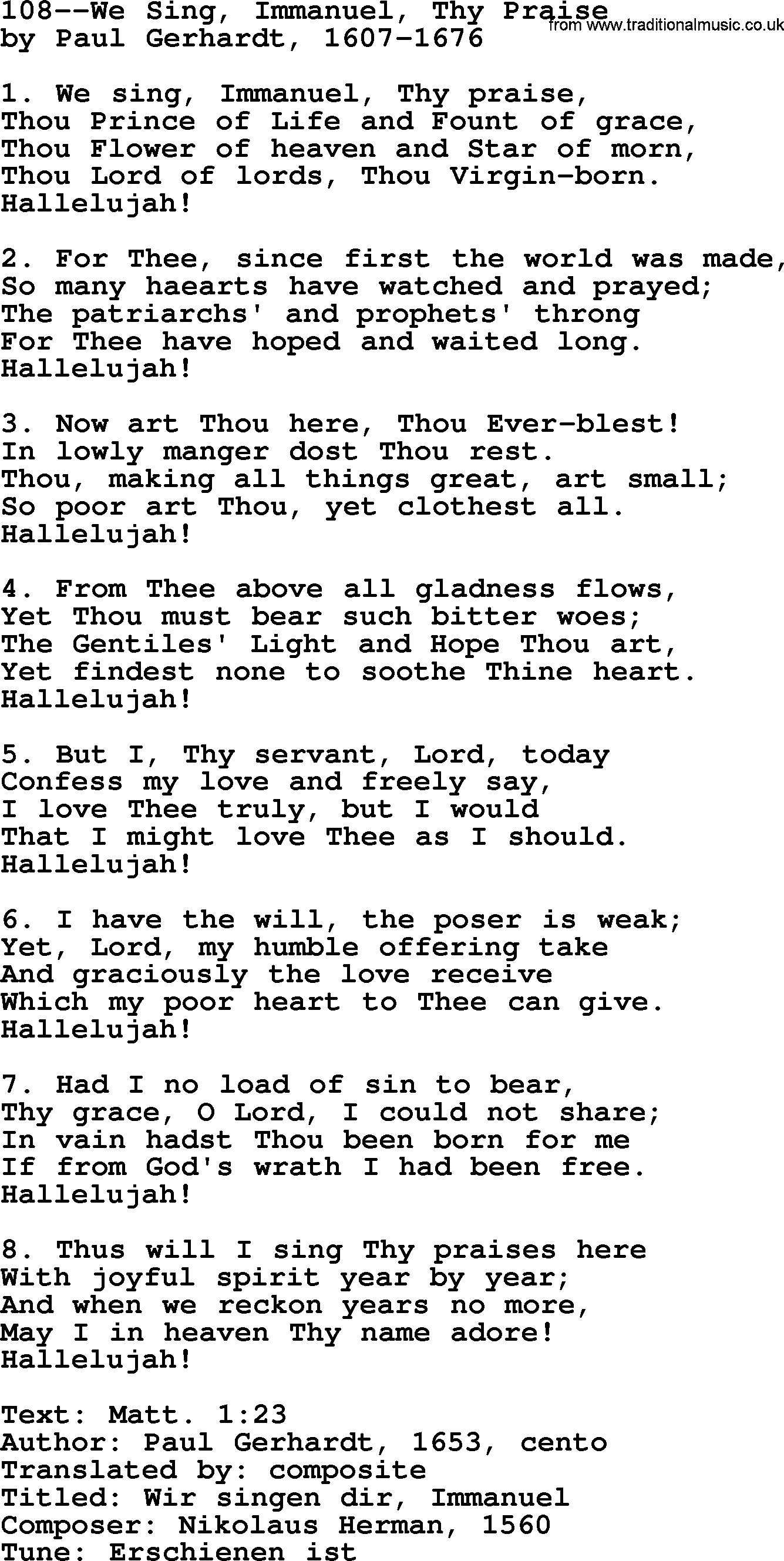 Lutheran Hymn: 108--We Sing, Immanuel, Thy Praise.txt lyrics with PDF