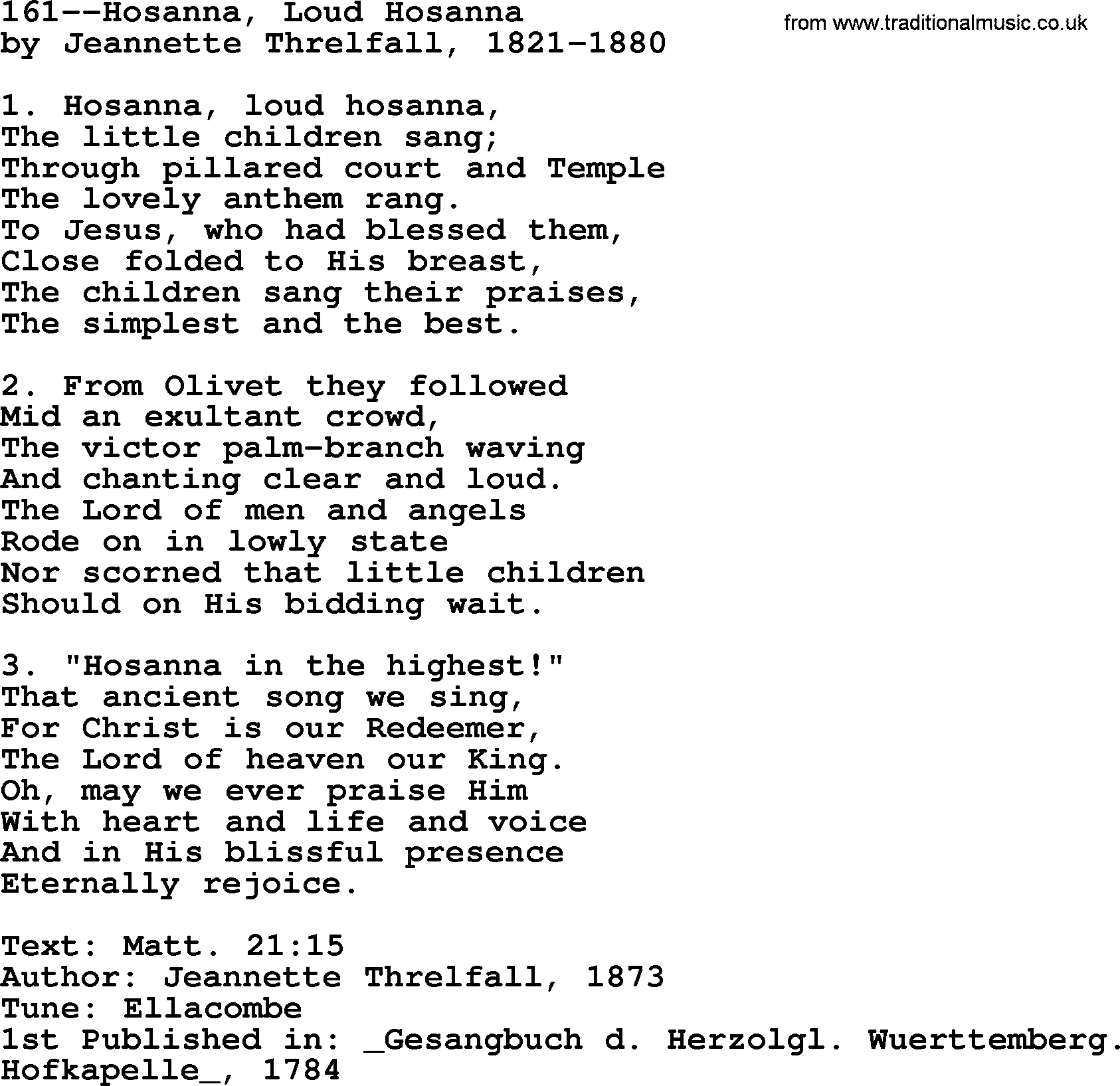 Lutheran Hymn: 161--Hosanna, Loud Hosanna.txt lyrics with PDF
