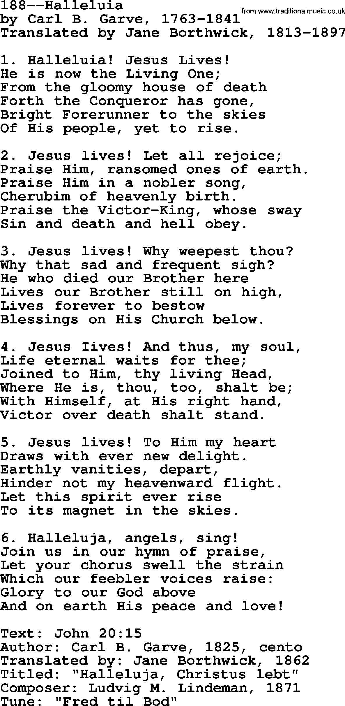 Lutheran Hymn: 188--Halleluia.txt lyrics with PDF