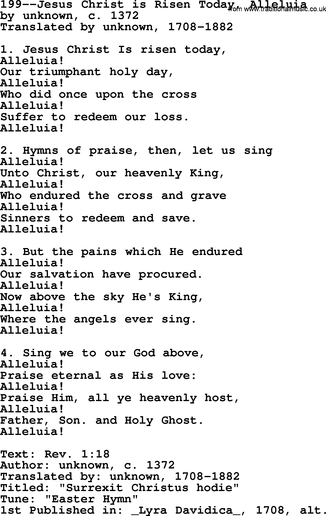 Lutheran Hymn: 199--Jesus Christ is Risen Today, Alleluia.txt lyrics with PDF