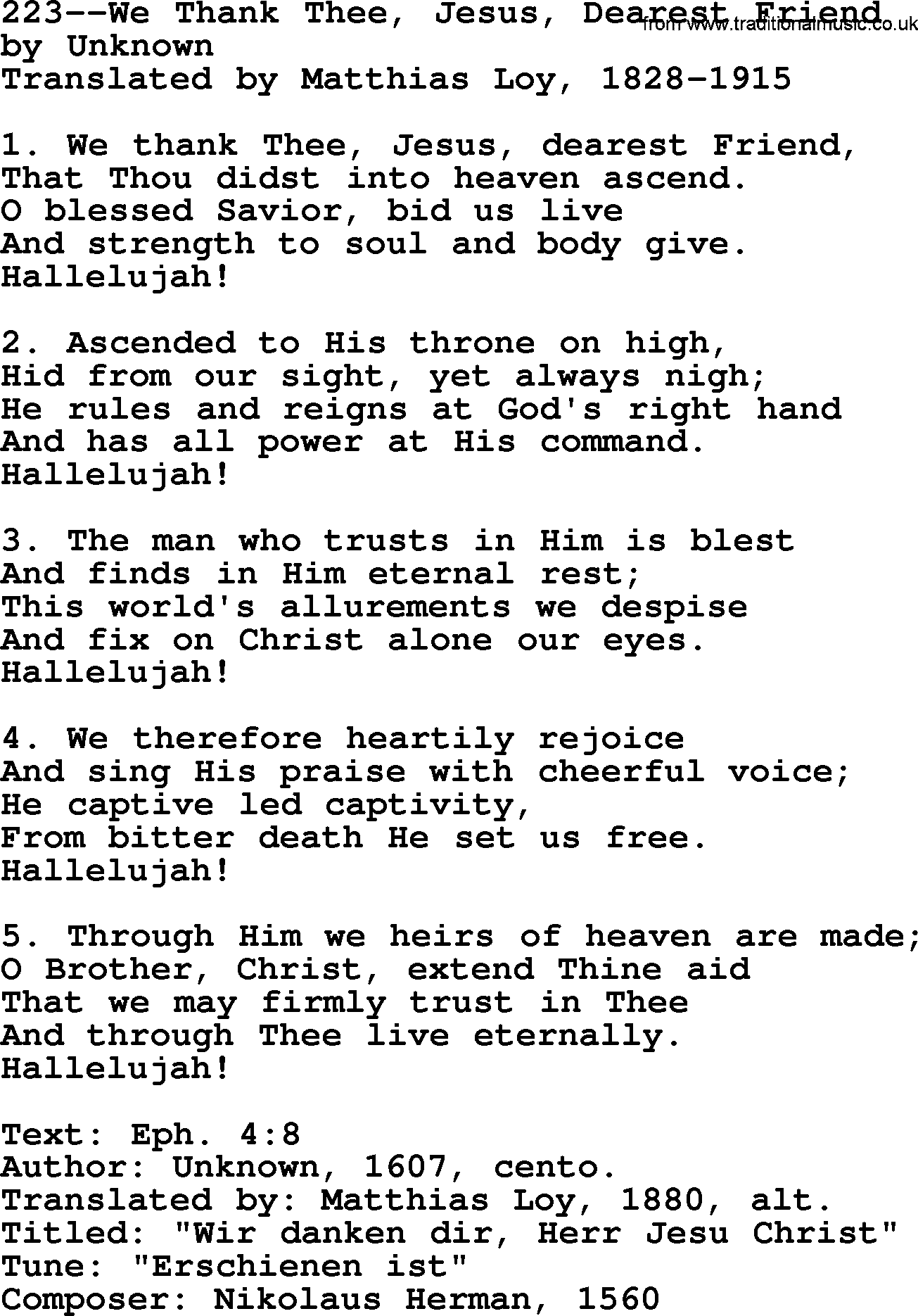 Lutheran Hymn: 223--We Thank Thee, Jesus, Dearest Friend.txt lyrics with PDF