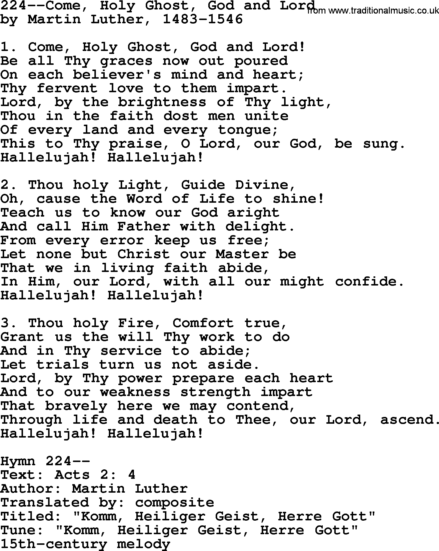 Lutheran Hymn: 224--Come, Holy Ghost, God and Lord.txt lyrics with PDF