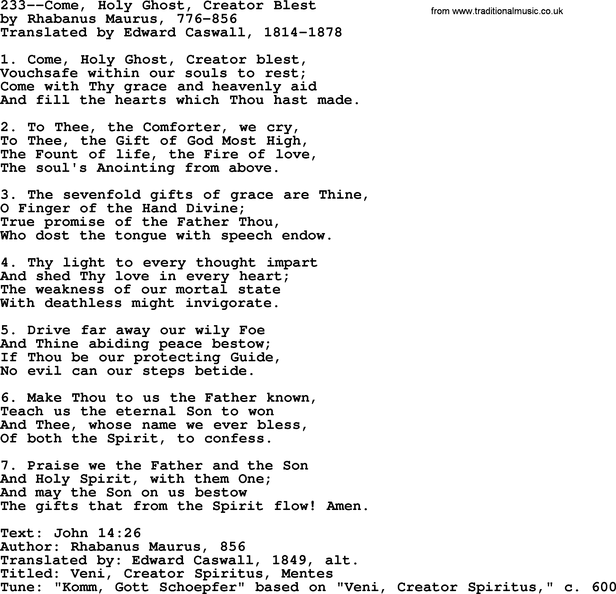 Lutheran Hymn: 233--Come, Holy Ghost, Creator Blest.txt lyrics with PDF