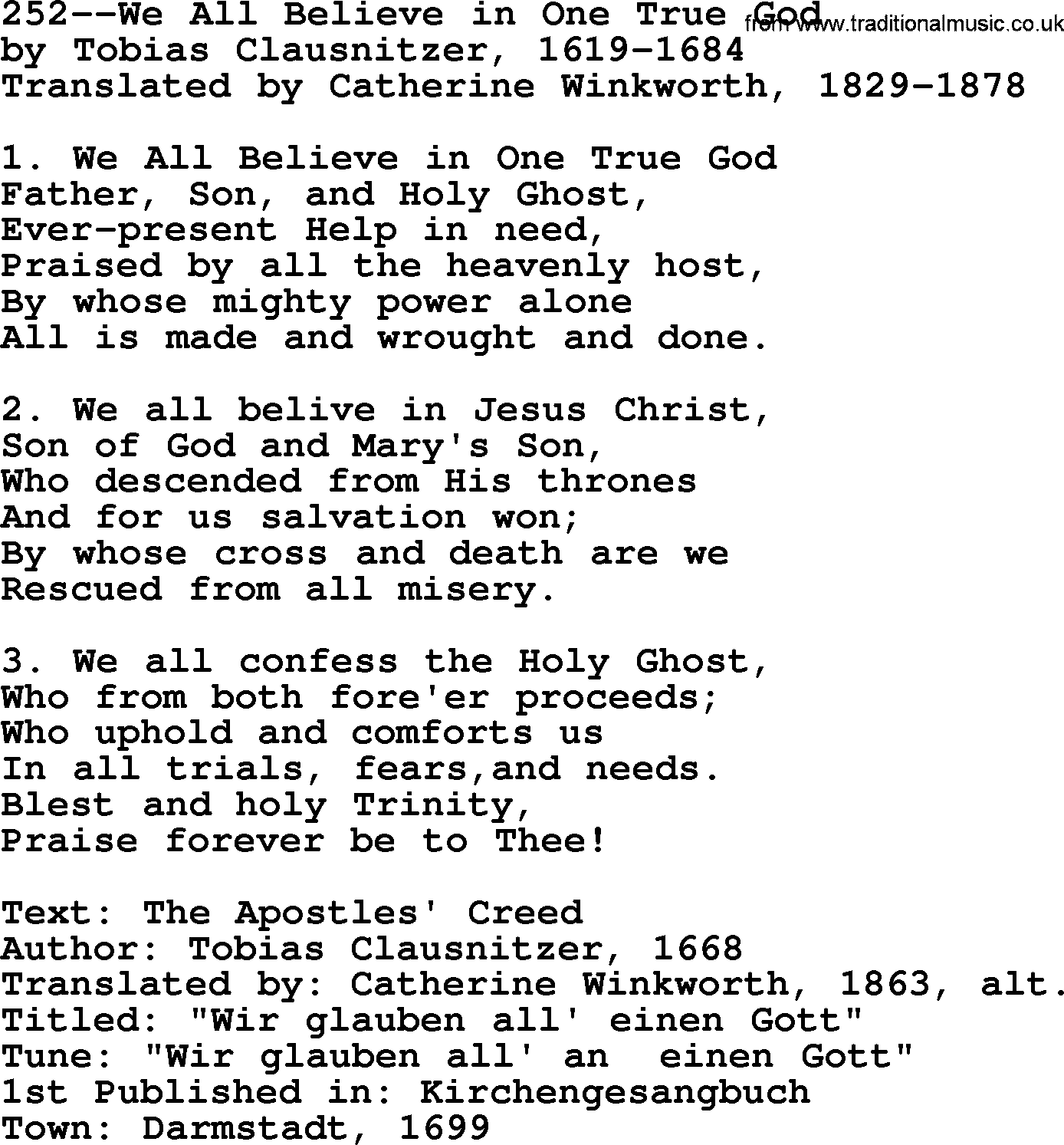 Lutheran Hymn: 252--We All Believe in One True God.txt lyrics with PDF