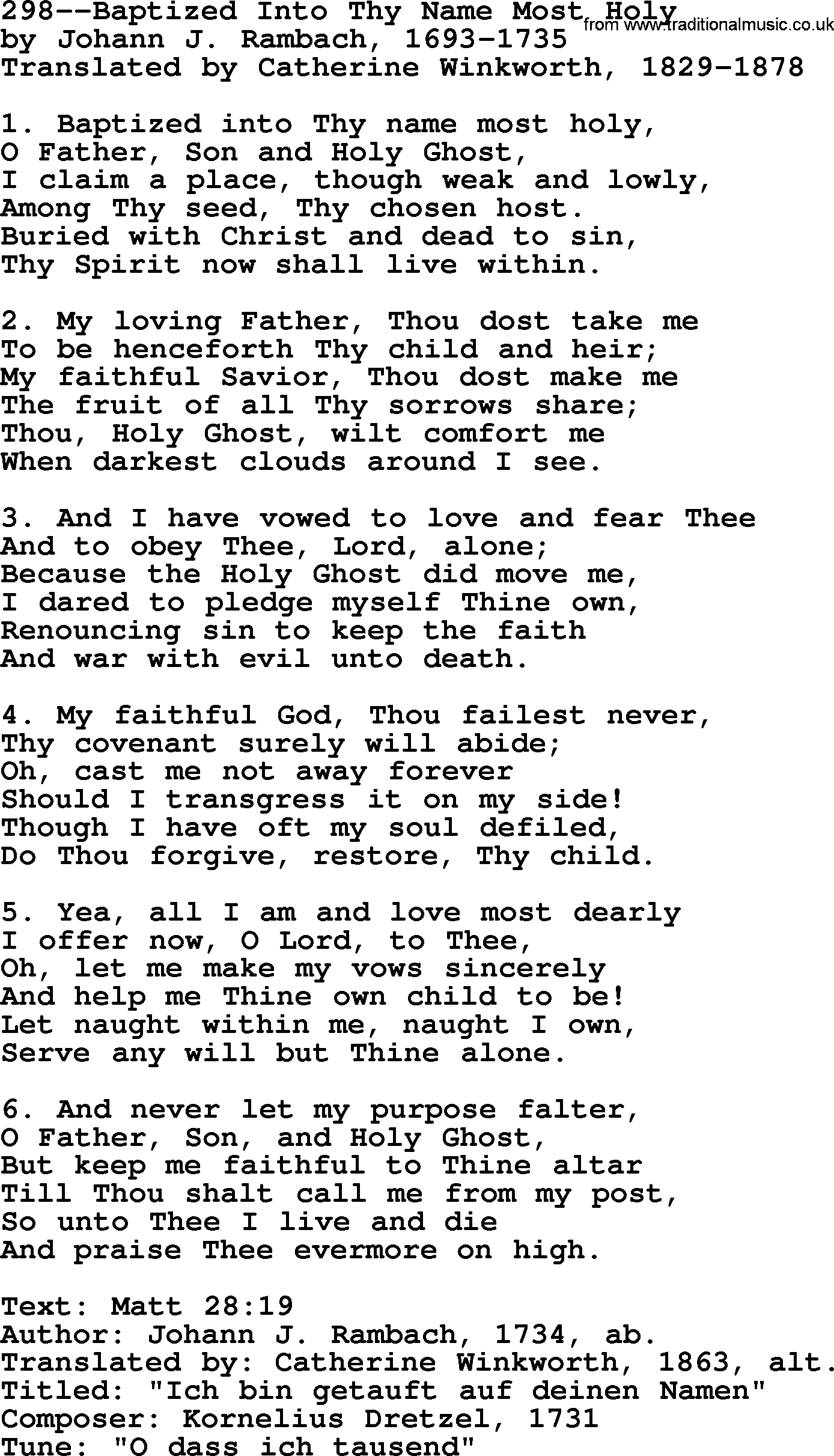 Lutheran Hymns, Song:298--Baptized Into Thy Name Most Holy - lyrics and PDF