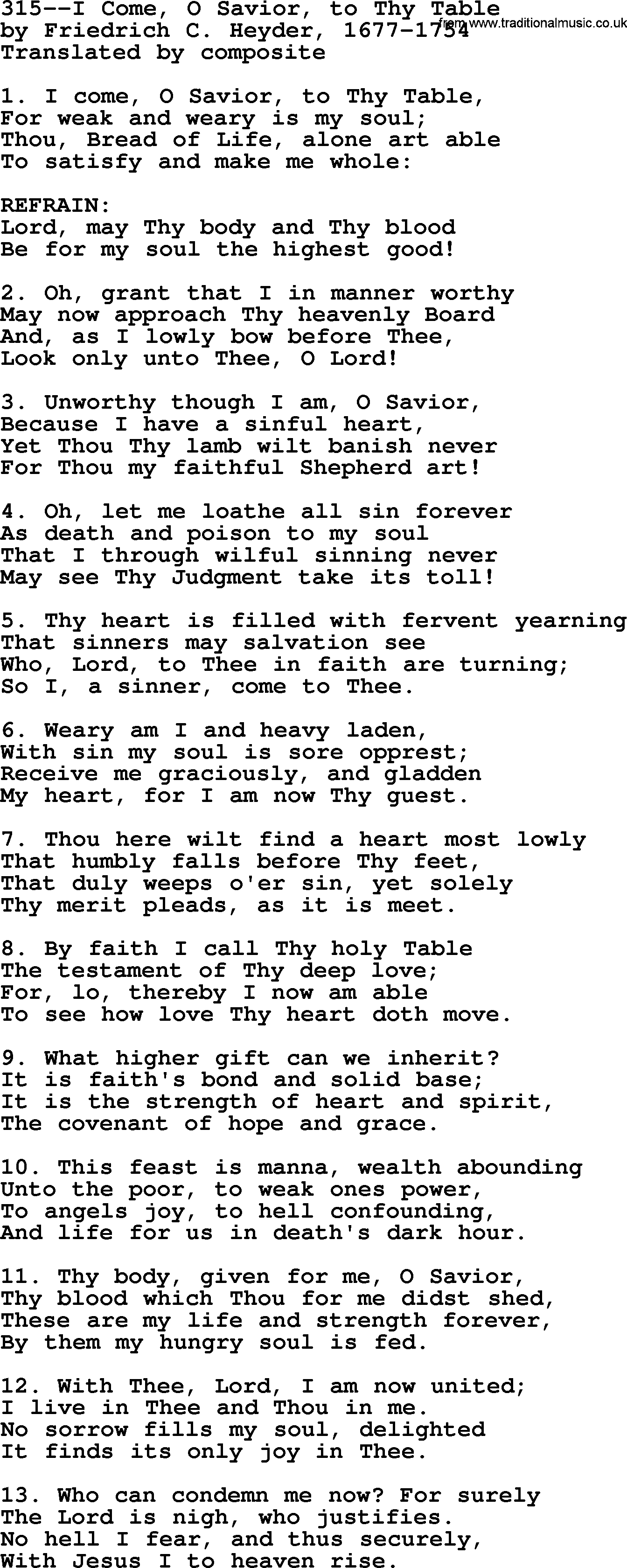 Lutheran Hymn: 315--I Come, O Savior, to Thy Table.txt lyrics with PDF