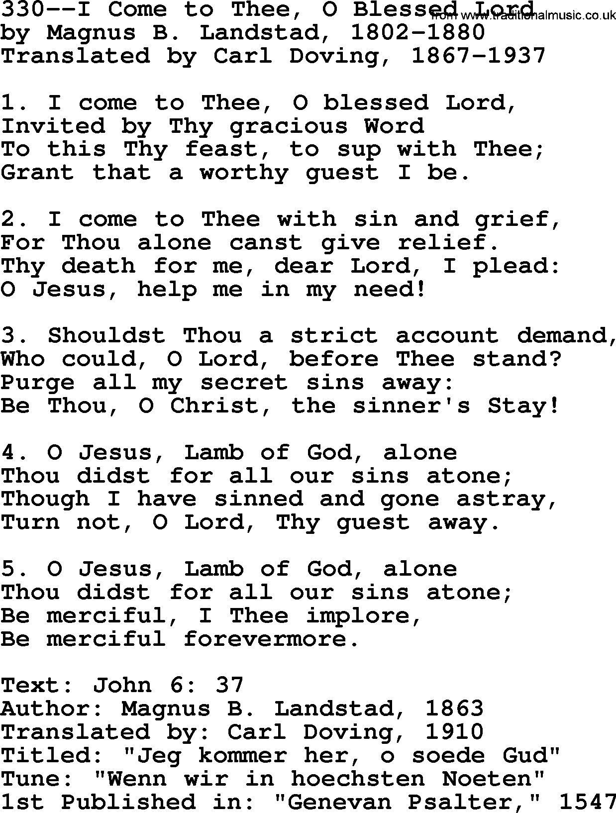 Lutheran Hymn: 330--I Come to Thee, O Blessed Lord.txt lyrics with PDF