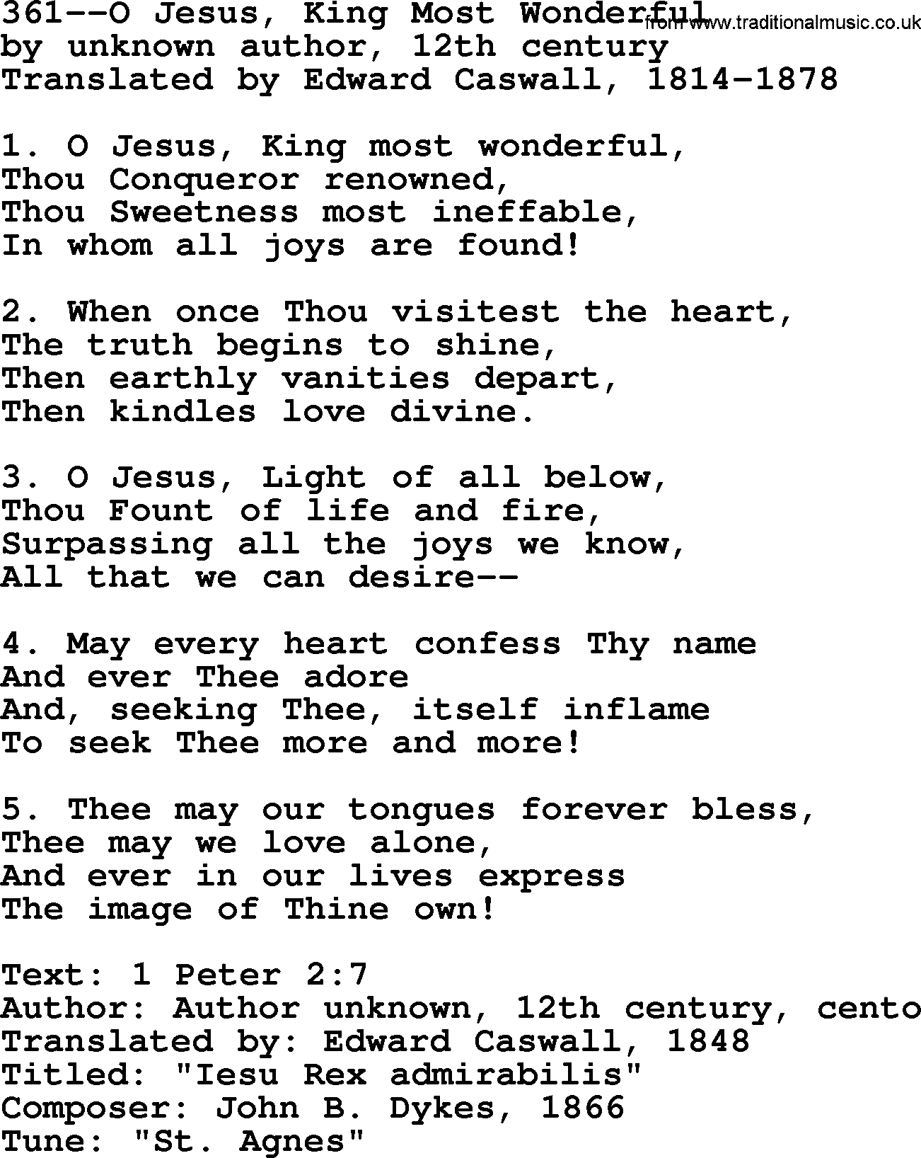 Lutheran Hymn: 361--O Jesus, King Most Wonderful.txt lyrics with PDF