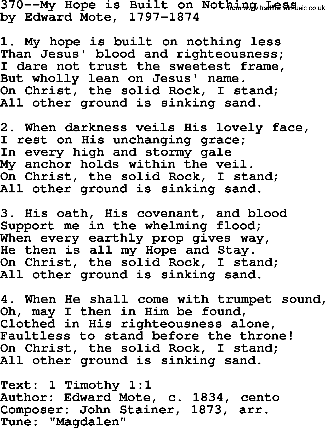 Lutheran Hymn: 370--My Hope is Built on Nothing Less.txt lyrics with PDF