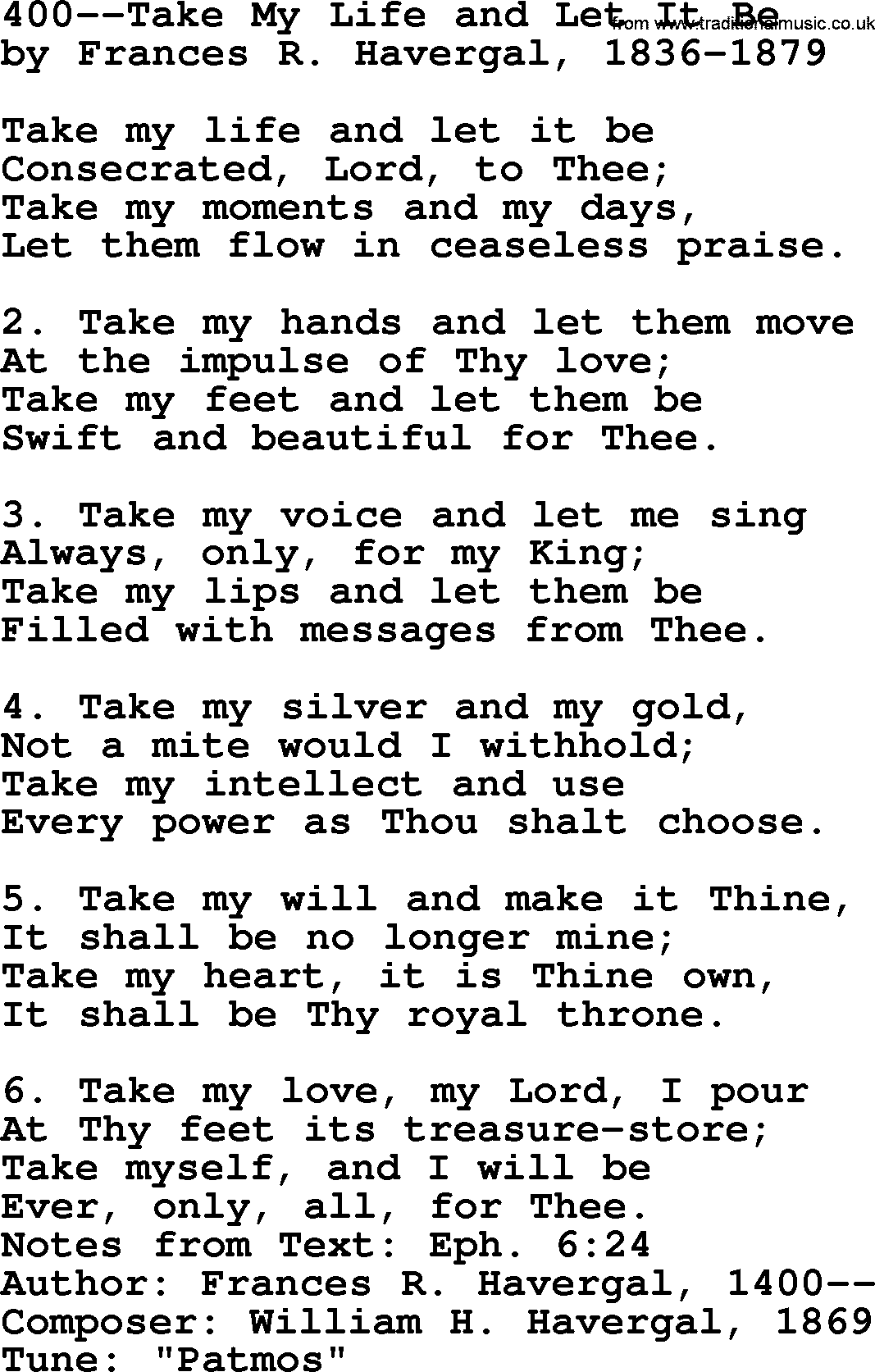 Lutheran Hymn: 400--Take My Life and Let It Be.txt lyrics with PDF