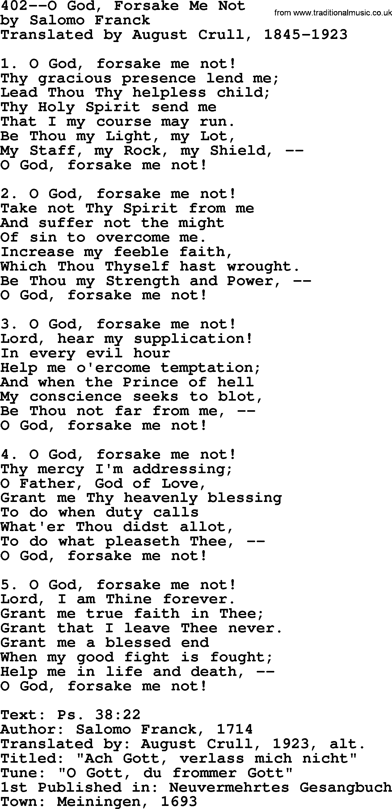 Lutheran Hymn: 402--O God, Forsake Me Not.txt lyrics with PDF