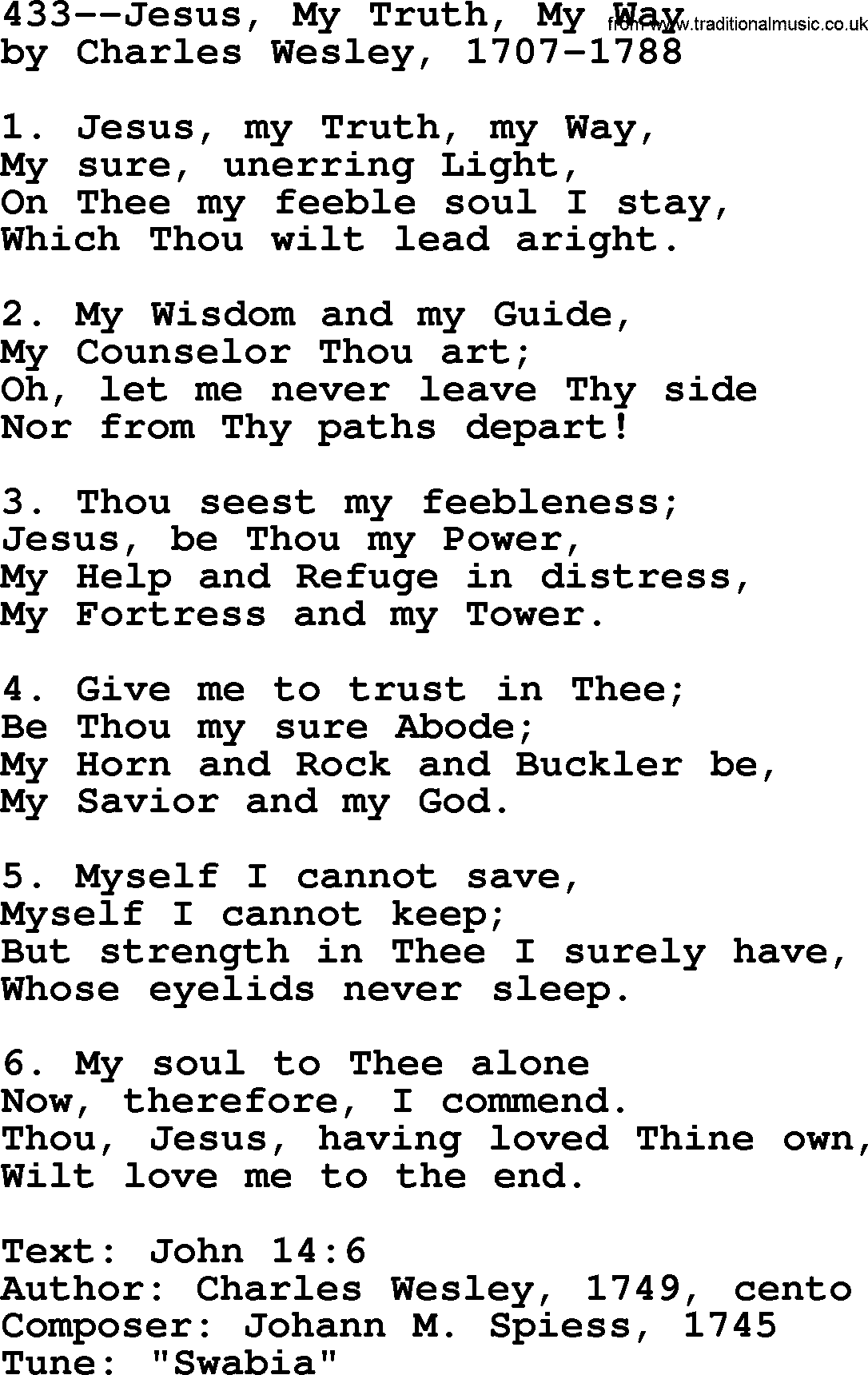 Lutheran Hymn: 433--Jesus, My Truth, My Way.txt lyrics with PDF