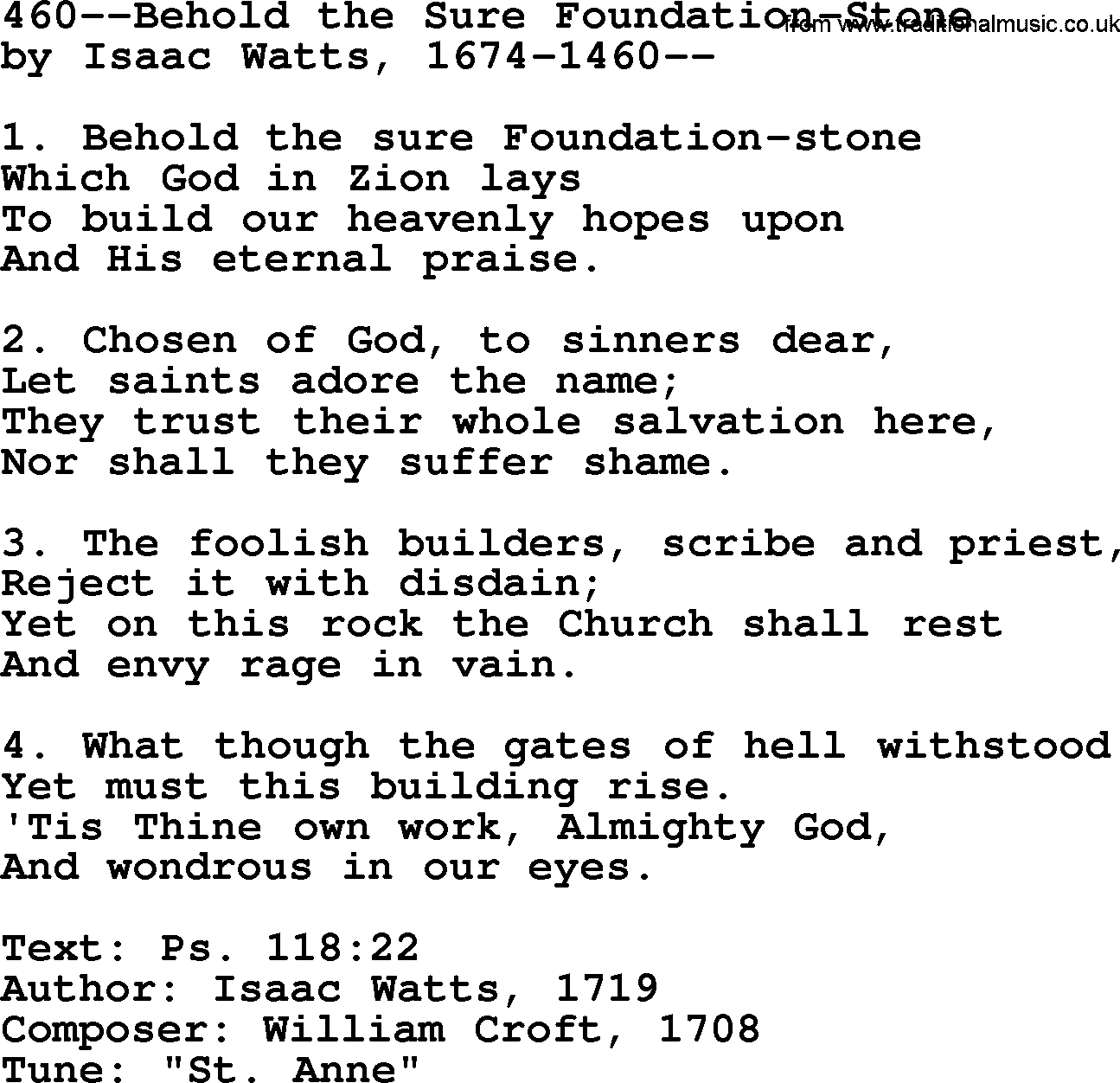 Lutheran Hymn: 460--Behold the Sure Foundation-Stone.txt lyrics with PDF