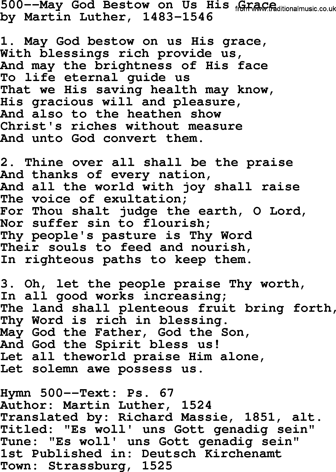 Lutheran Hymn: 500--May God Bestow on Us His Grace.txt lyrics with PDF