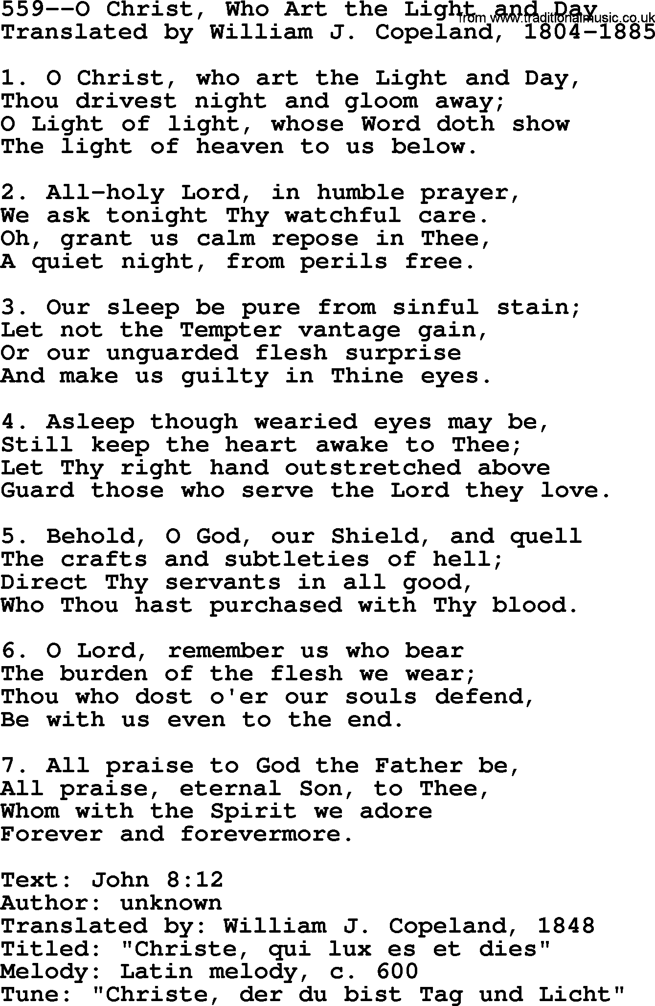 Lutheran Hymn: 559--O Christ, Who Art the Light and Day.txt lyrics with PDF