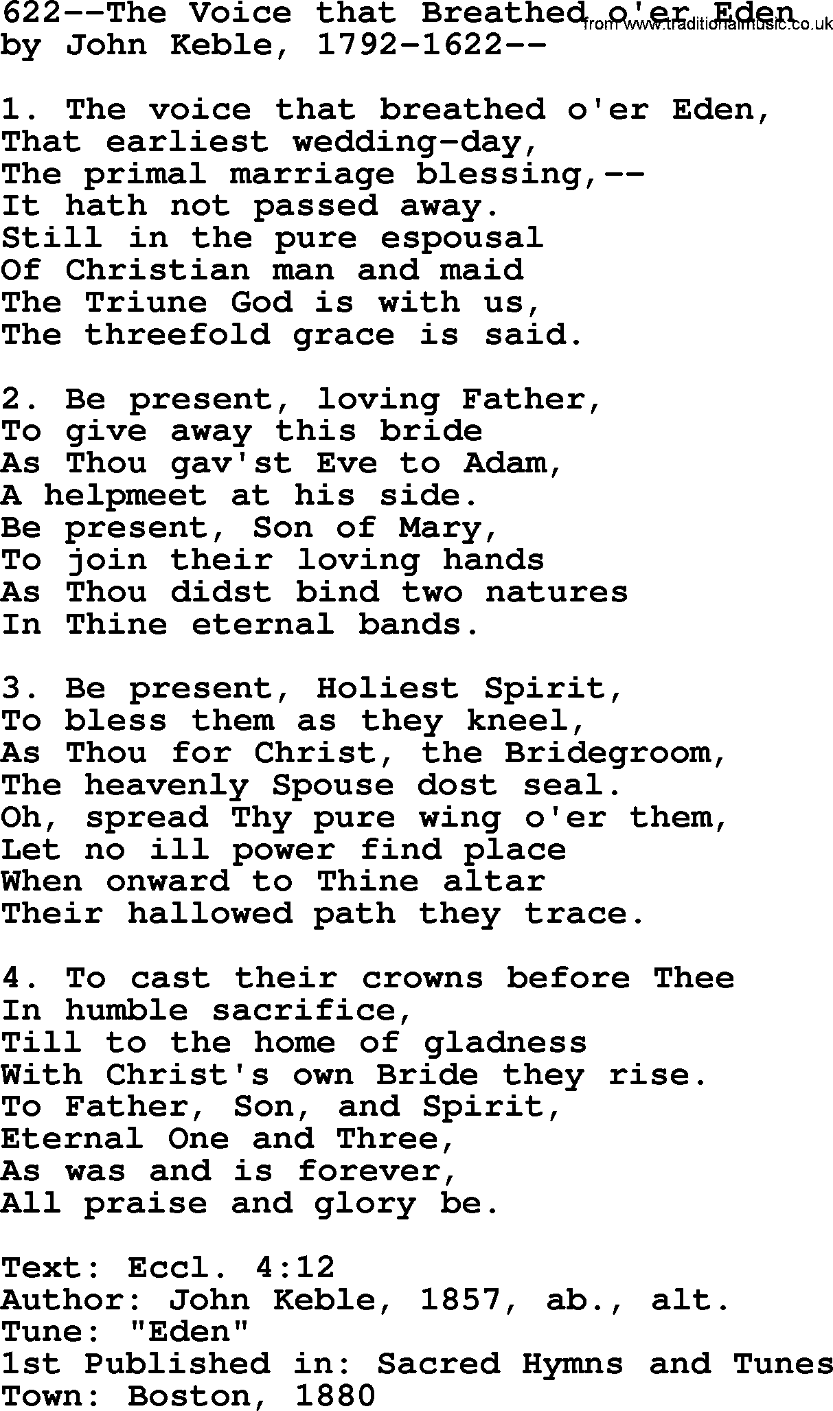 Lutheran Hymn: 622--The Voice that Breathed o'er Eden.txt lyrics with PDF