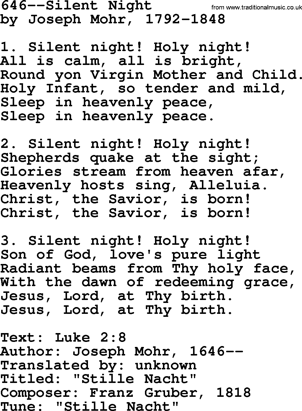 Lutheran Hymns, Song646Silent Night lyrics and PDF
