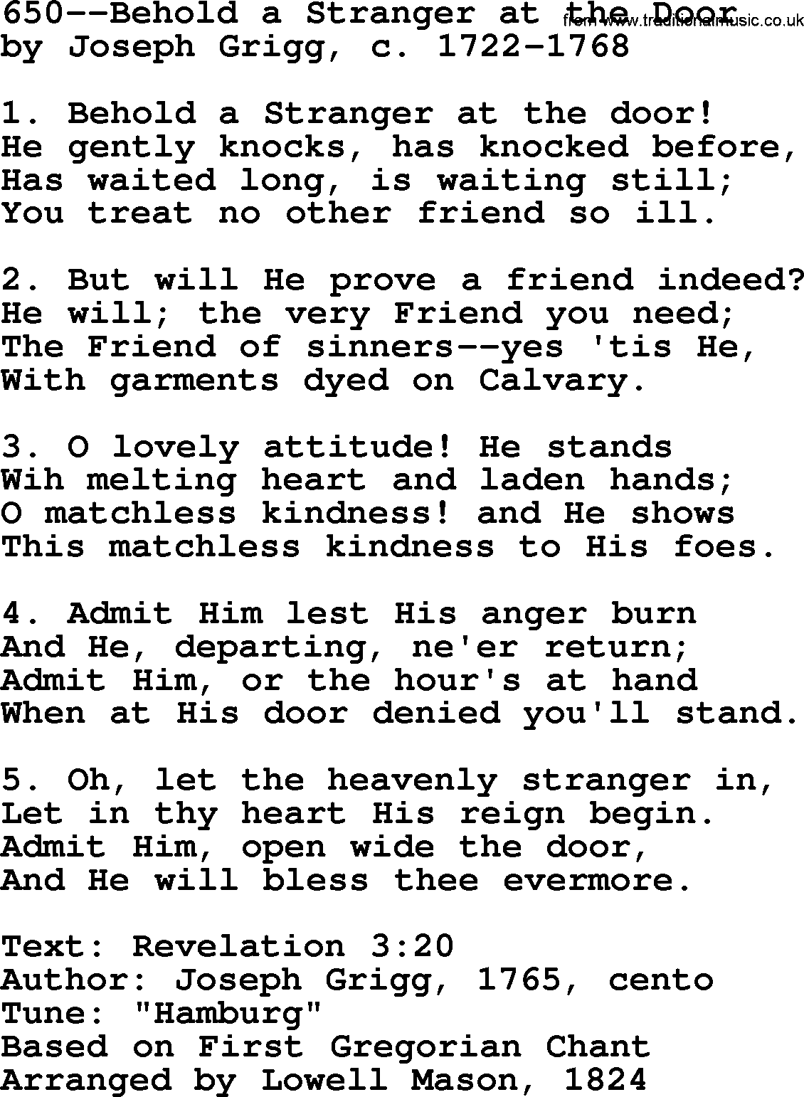 Lutheran Hymn: 650--Behold a Stranger at the Door.txt lyrics with PDF