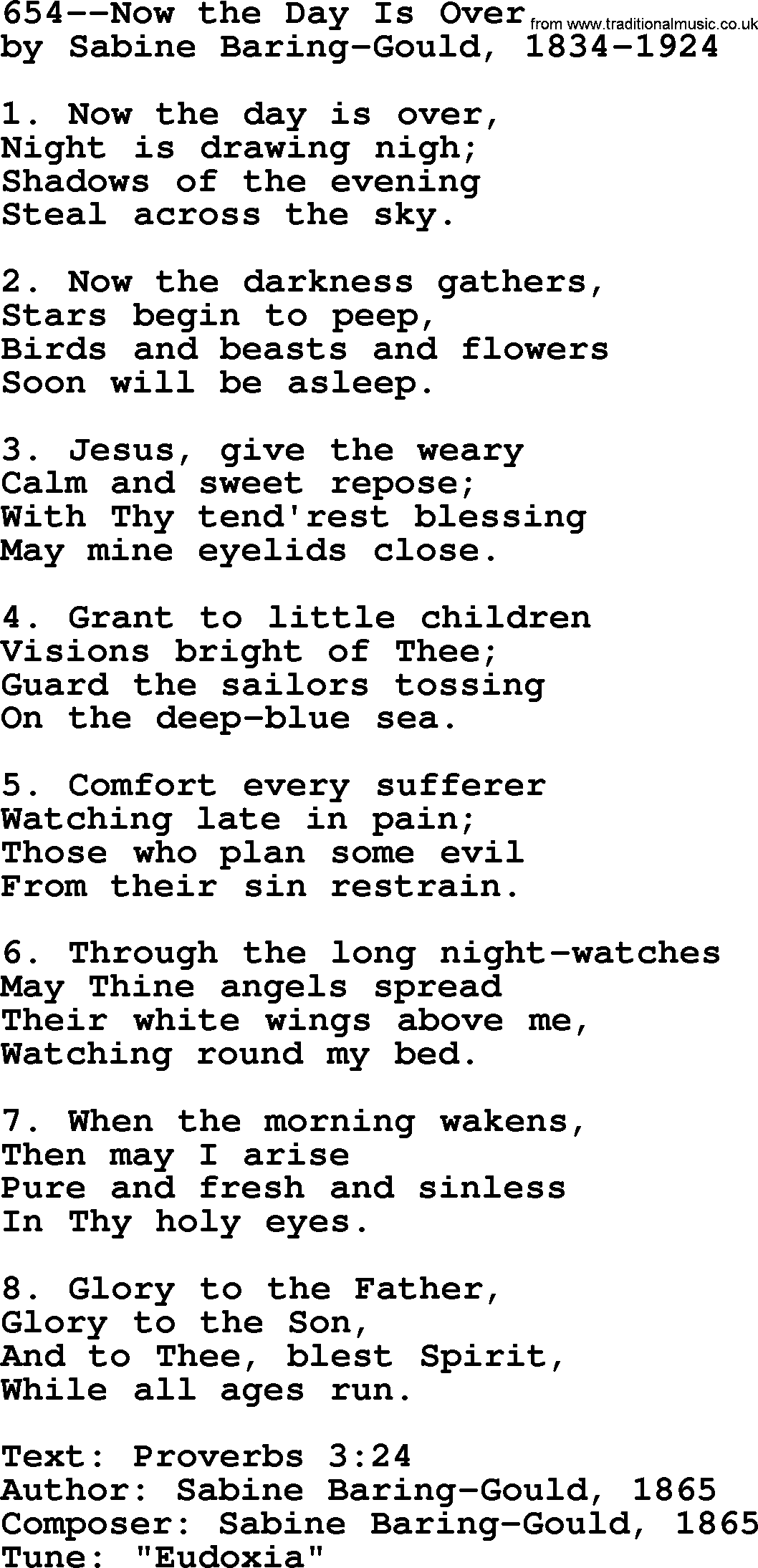 Lutheran Hymn: 654--Now the Day Is Over.txt lyrics with PDF