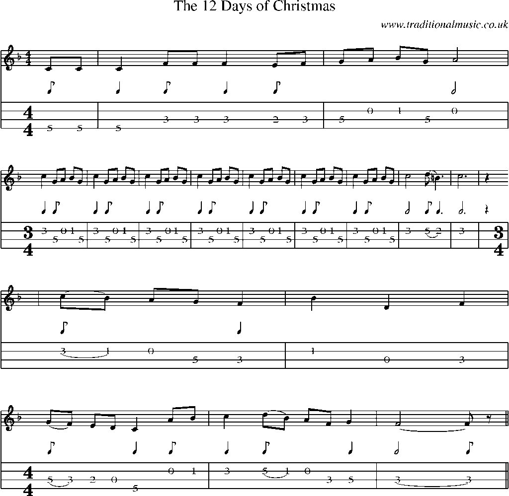 Mandolin Tab and Sheet Music for The 12 Days Of Christmas