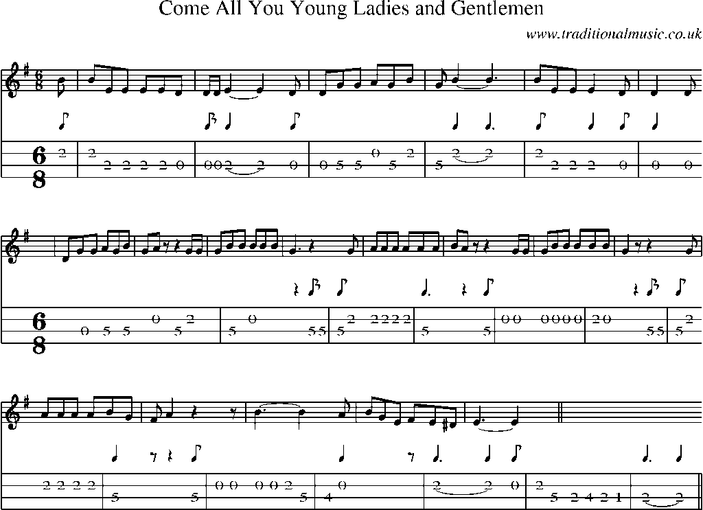 Mandolin Tab and Sheet Music for Come All You Young Ladies And Gentlemen