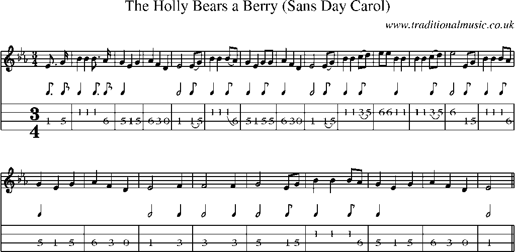 Mandolin Tab and Sheet Music for The Holly Bears A Berry (sans Day Carol)