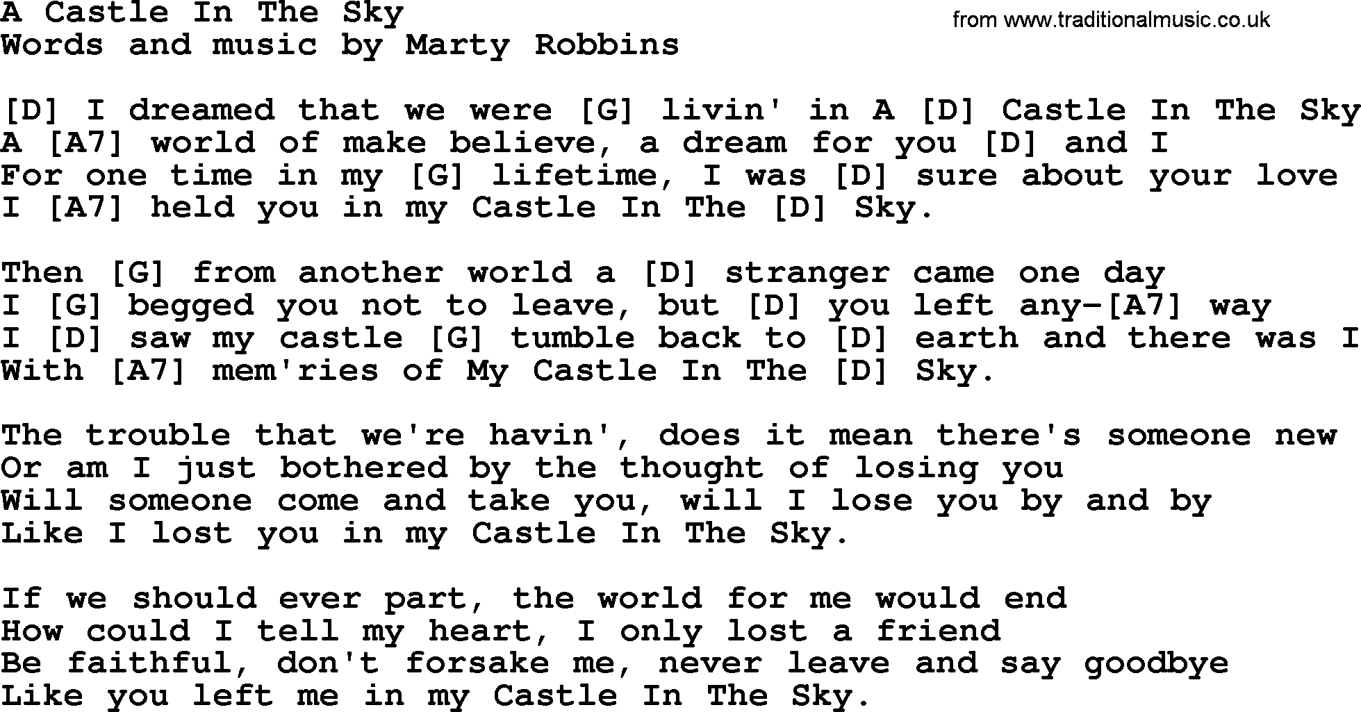 Marty Robbins song: A Castle In The Sky, lyrics and chords