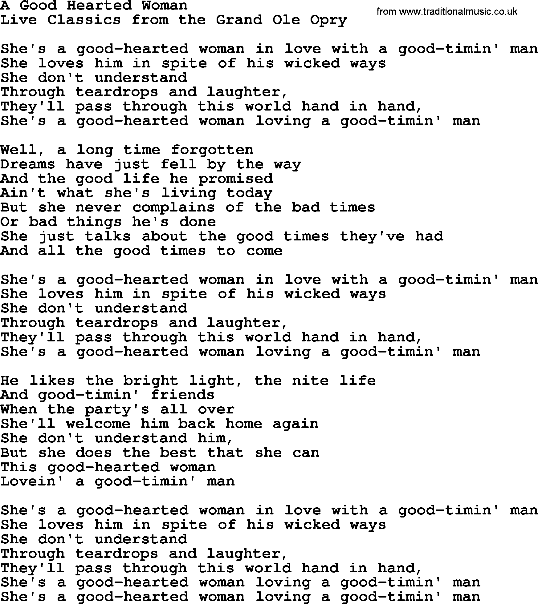 Marty Robbins song: A Good Hearted Woman, lyrics