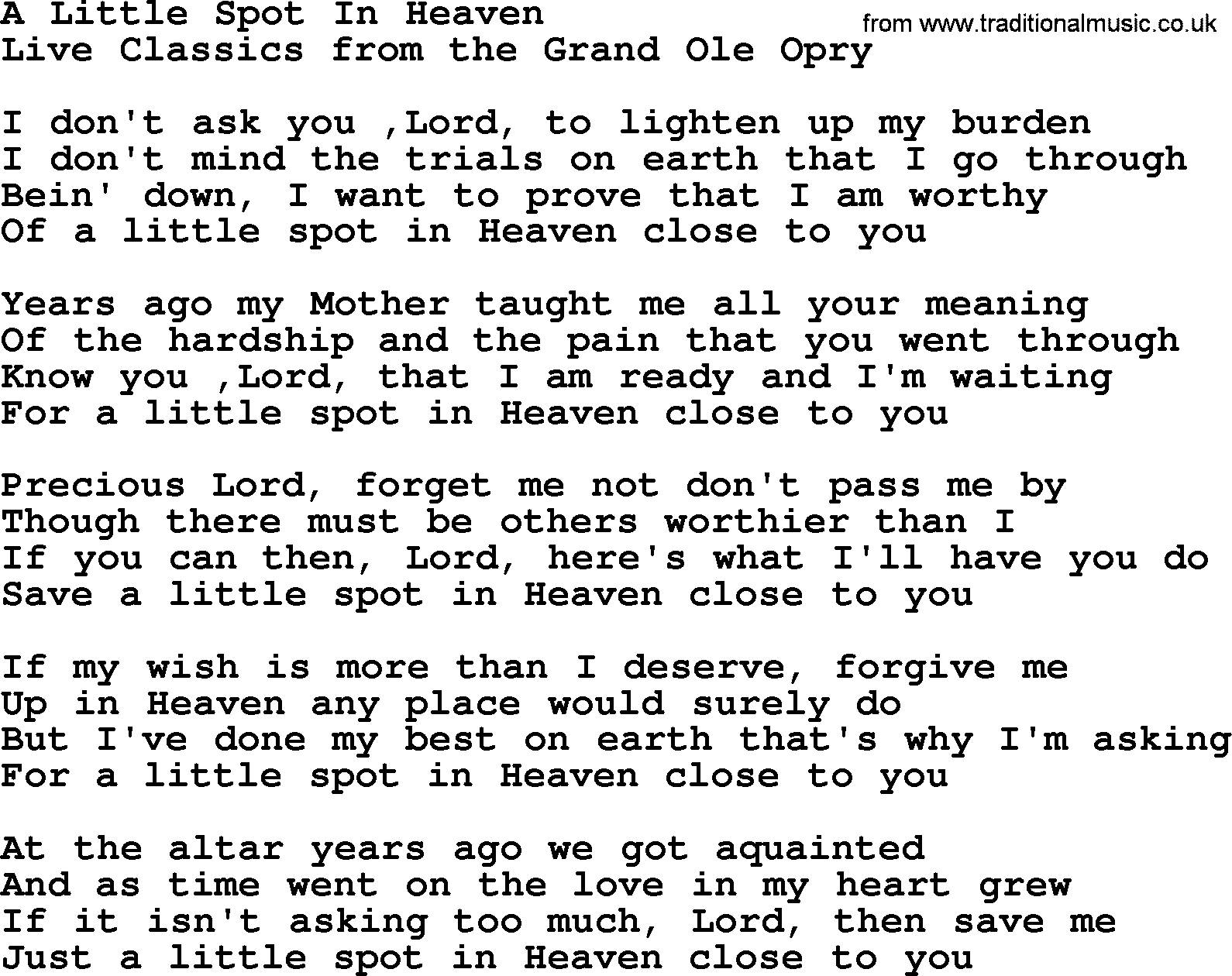 Marty Robbins song: A Little Spot In Heaven, lyrics