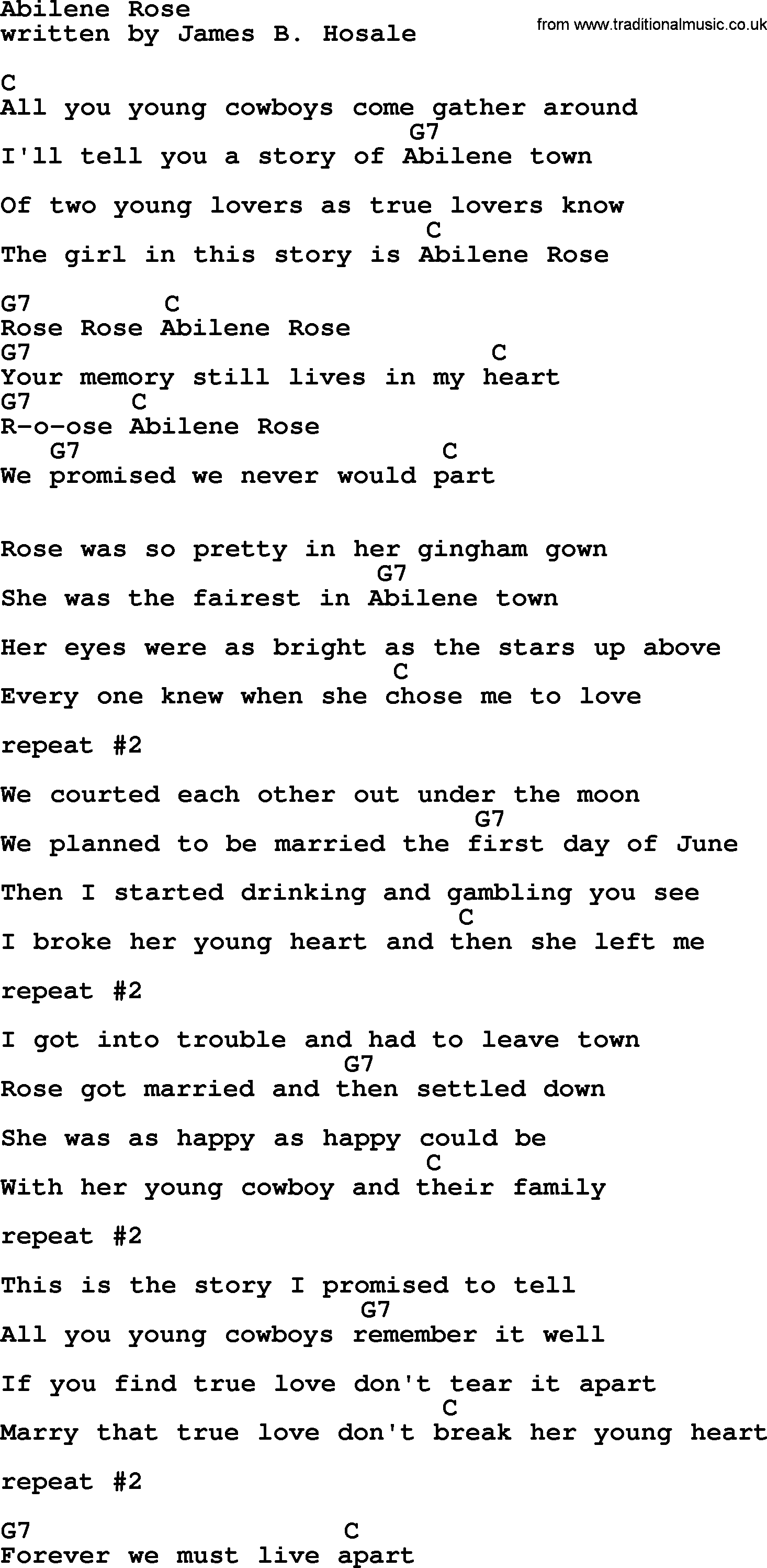 Marty Robbins song: Abilene Rose, lyrics and chords