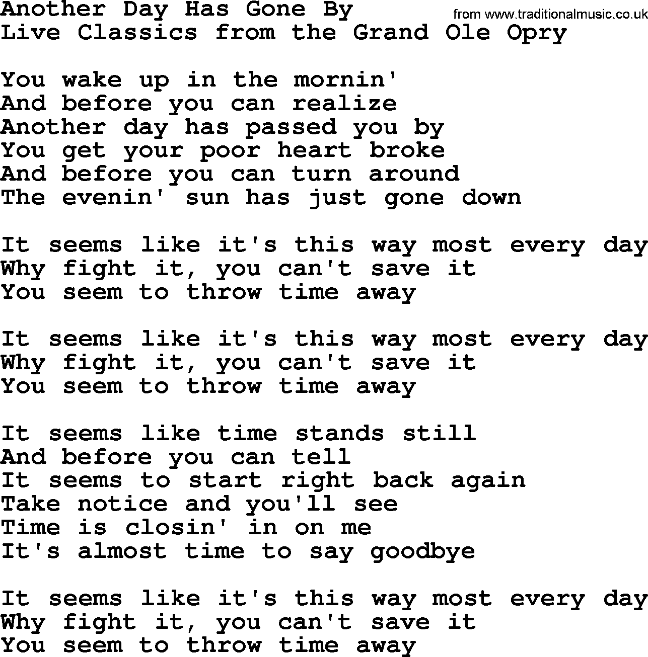 Marty Robbins song: Another Day Has Gone By, lyrics