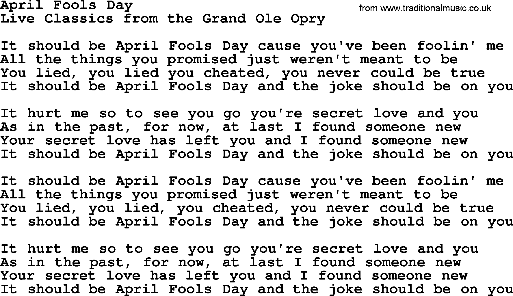 Marty Robbins song: April Fools Day, lyrics