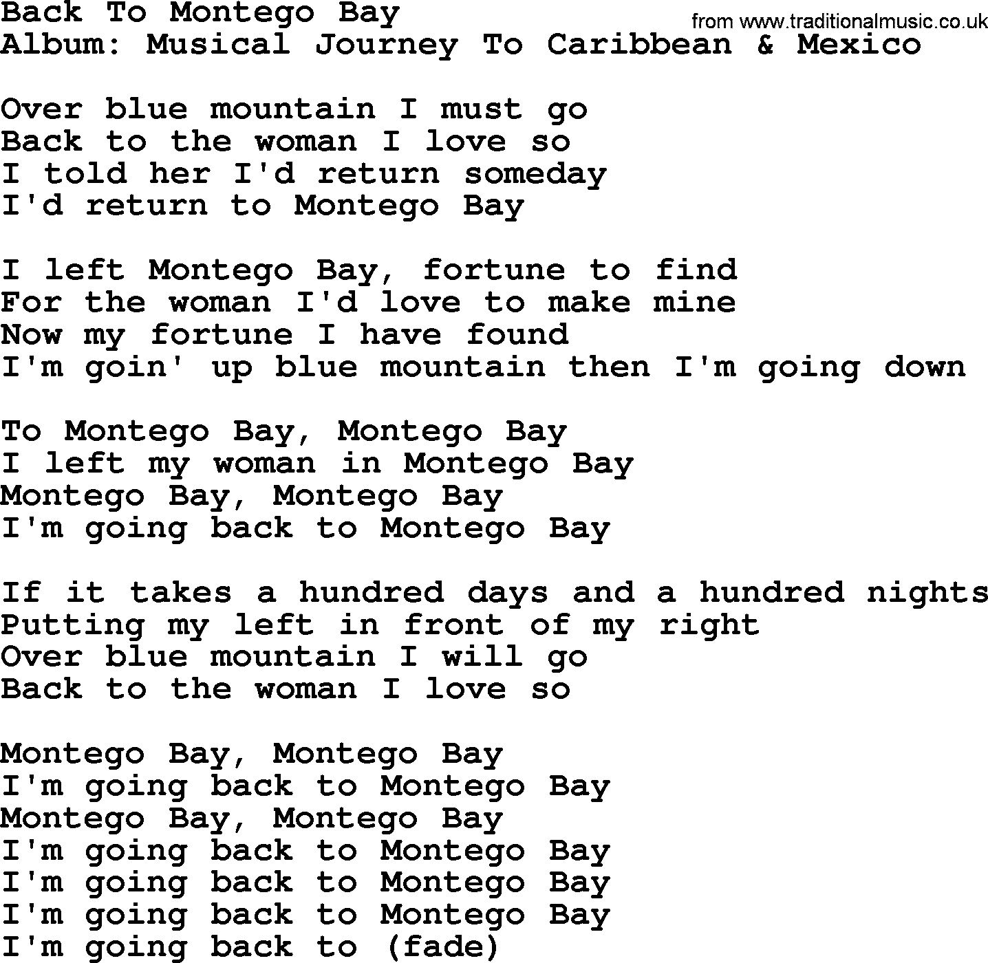 Marty Robbins song: Back To Montego Bay, lyrics