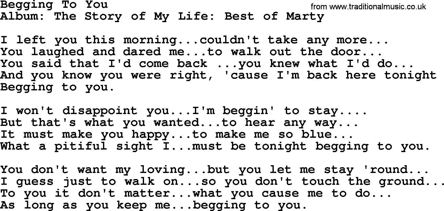 Begging To You By Marty Robbins Lyrics