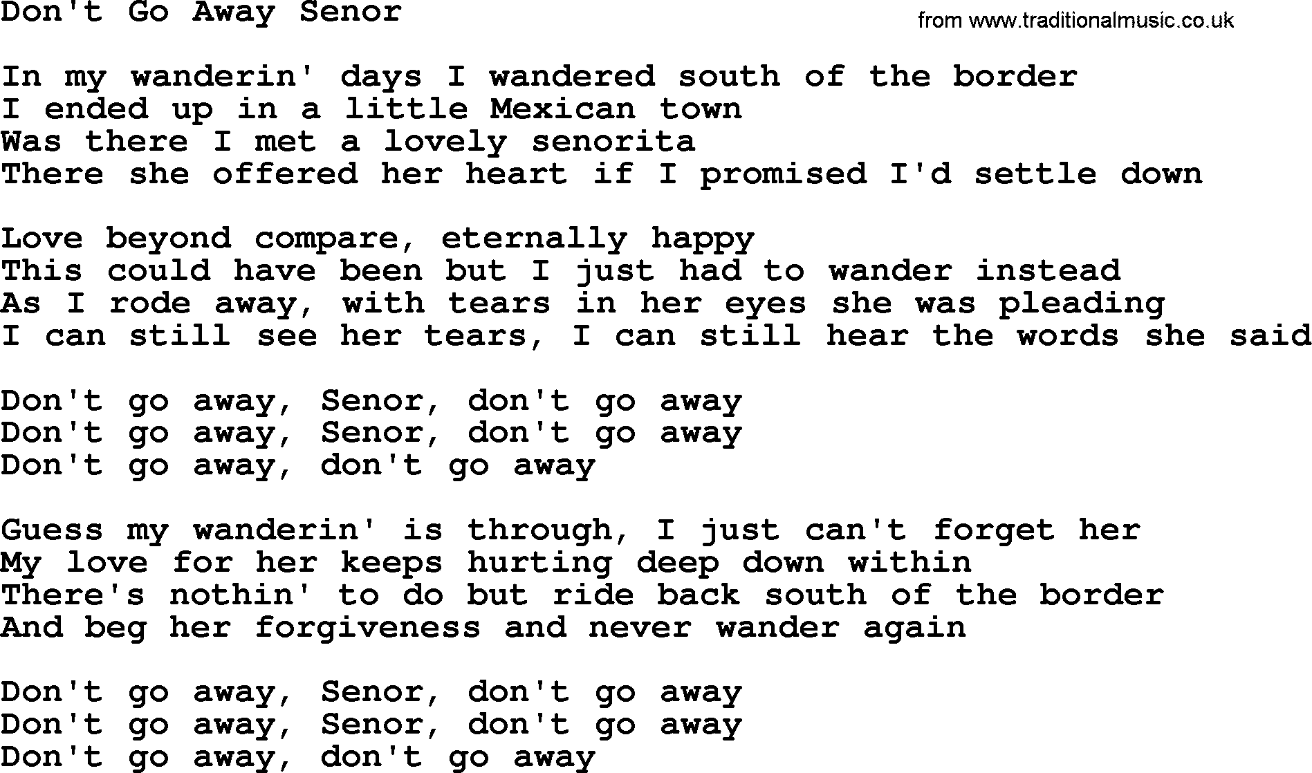 Marty Robbins song: Don't Go Away Senor, lyrics