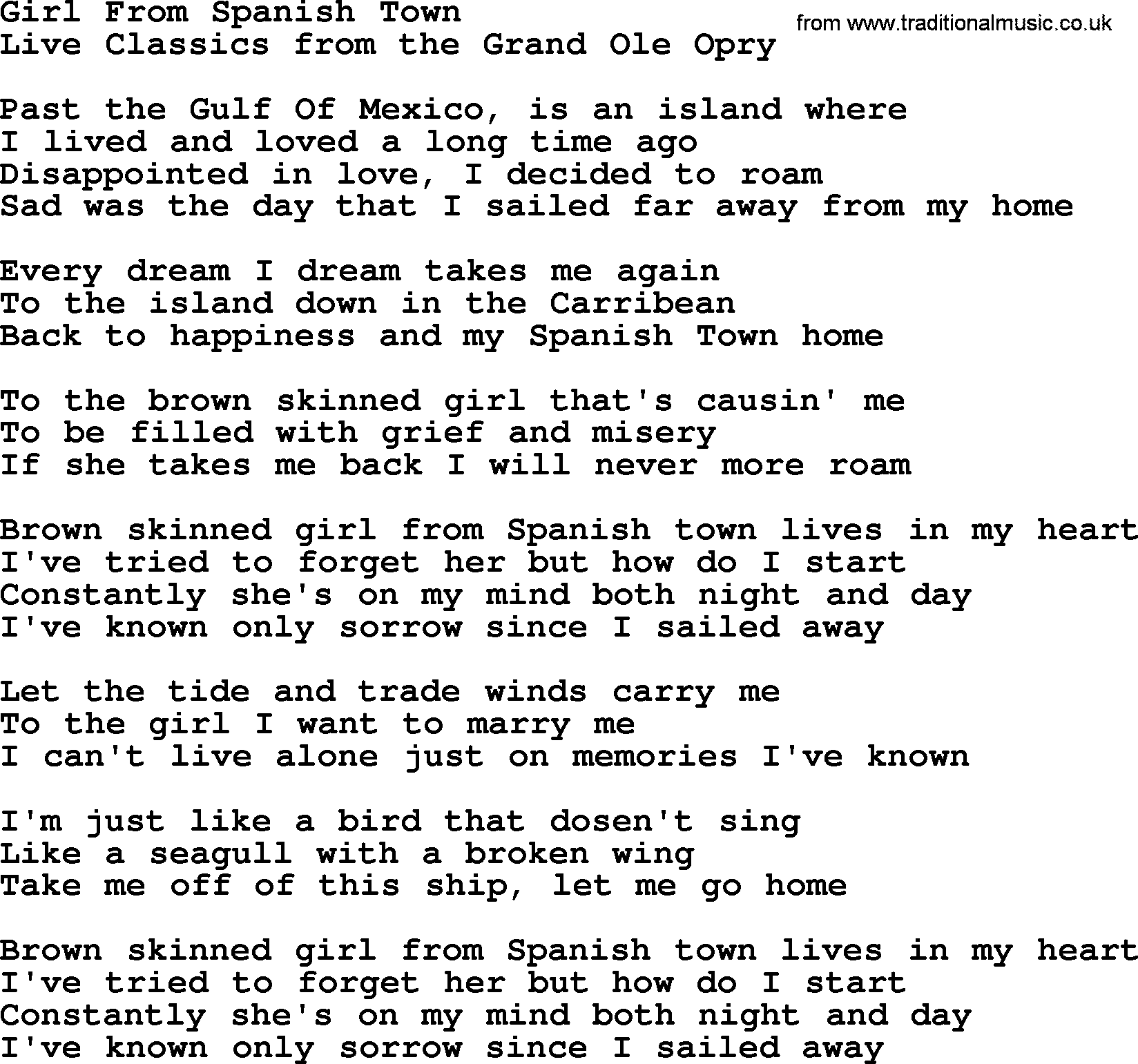 Marty Robbins song: Girl From Spanish Town, lyrics