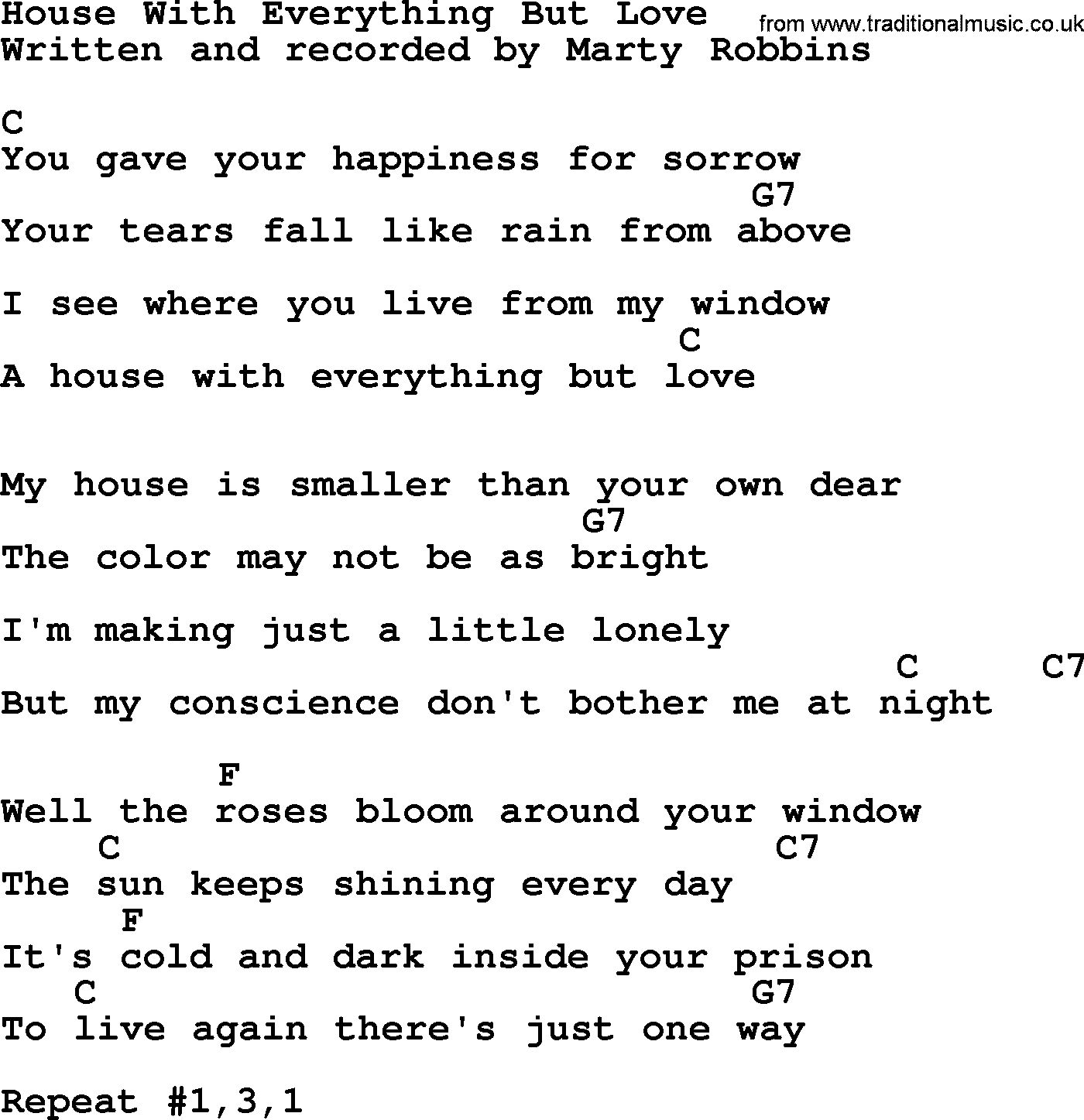Marty Robbins song: House With Everything But Love, lyrics and chords