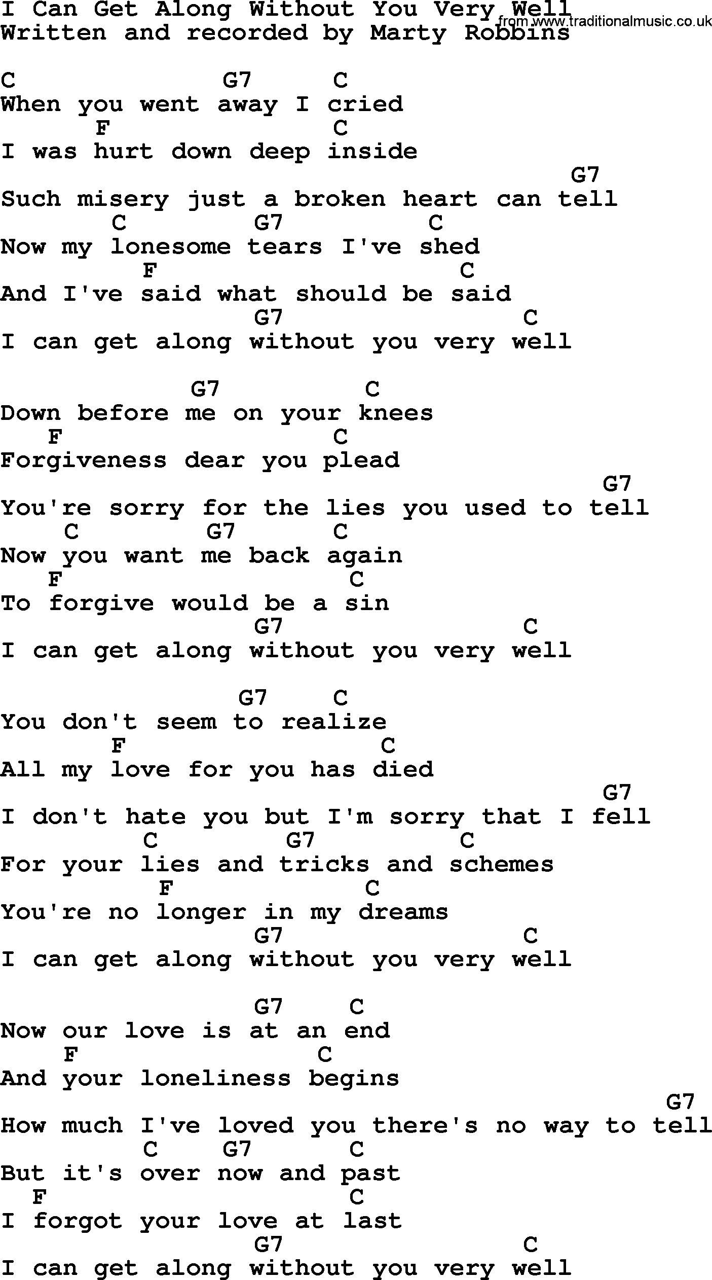 Marty Robbins song: I Can Get Along Without You Very Well, lyrics and chords