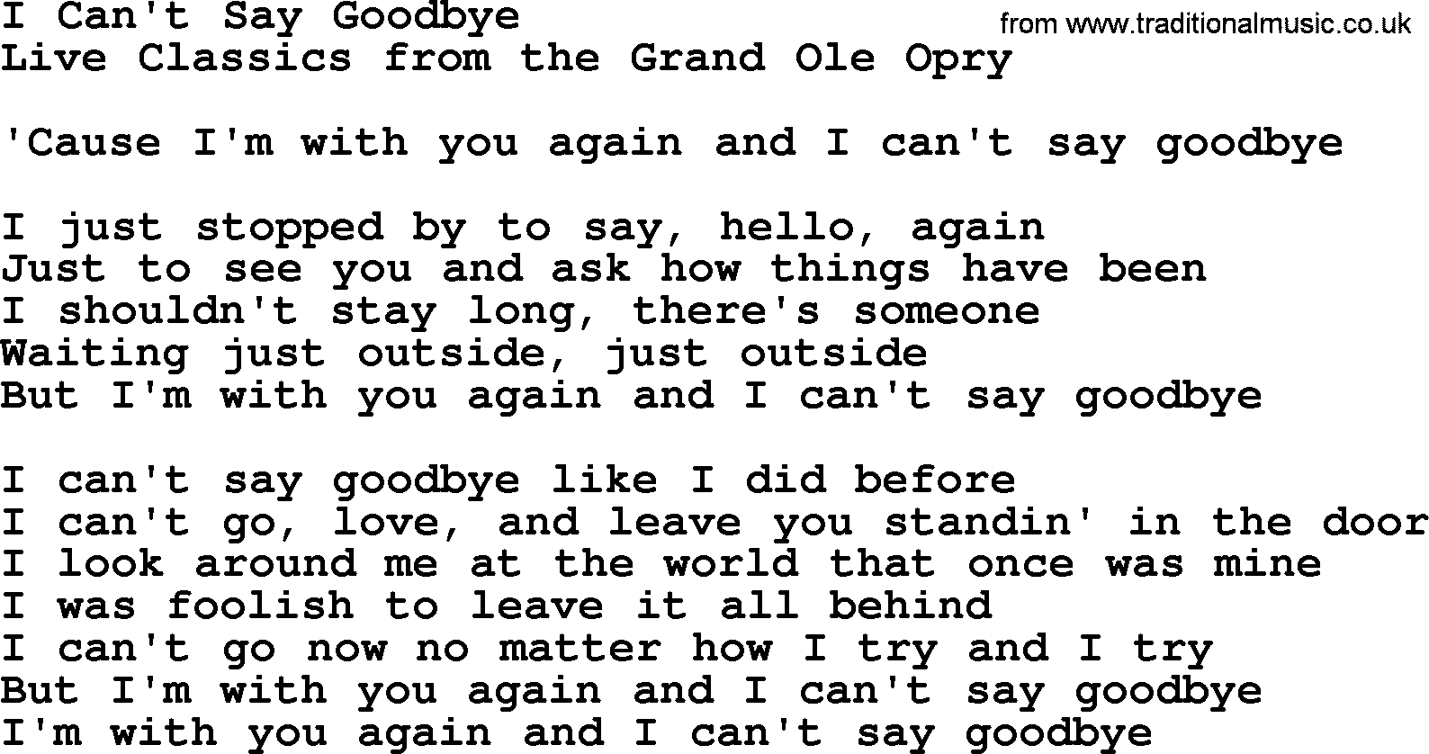 Marty Robbins song: I Cant Say Goodbye, lyrics