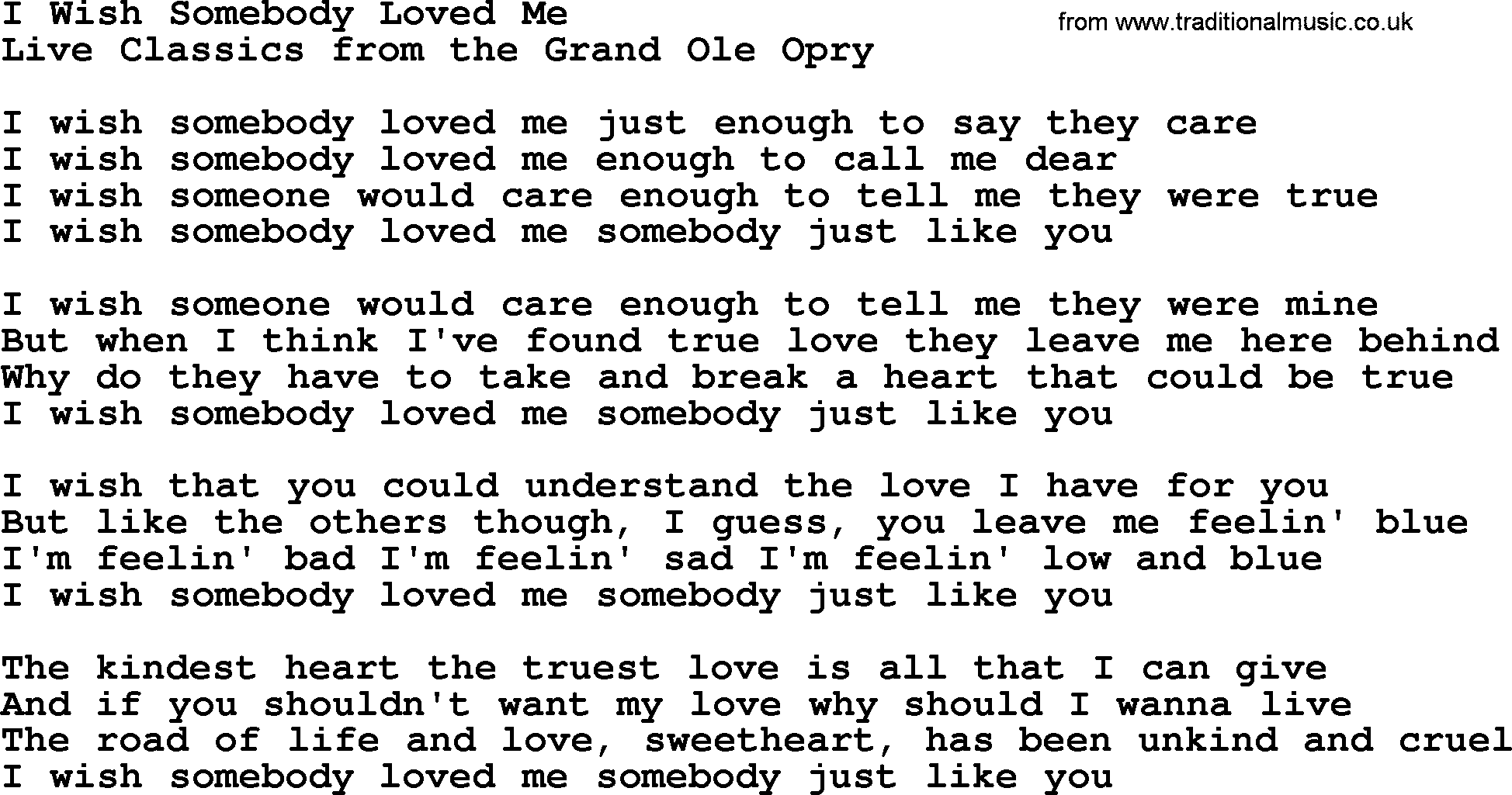 Marty Robbins song: I Wish Somebody Loved Me, lyrics