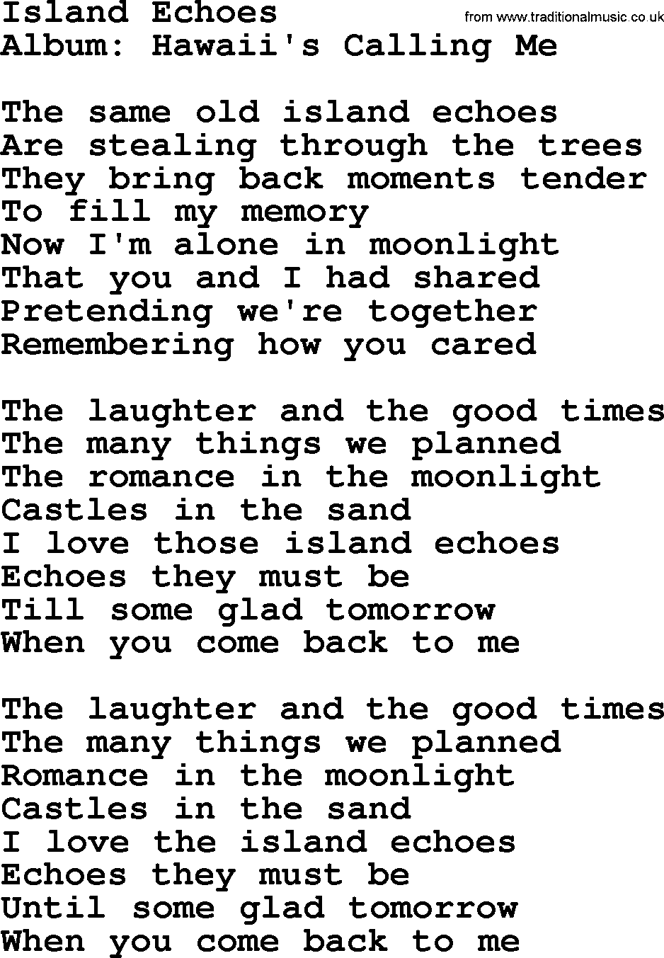 Marty Robbins song: Island Echoes, lyrics