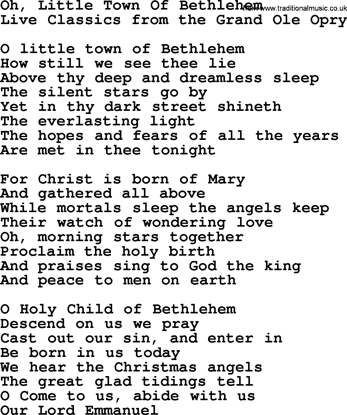 Marty Robbins song: Oh Little Town Of Bethlehem, lyrics
