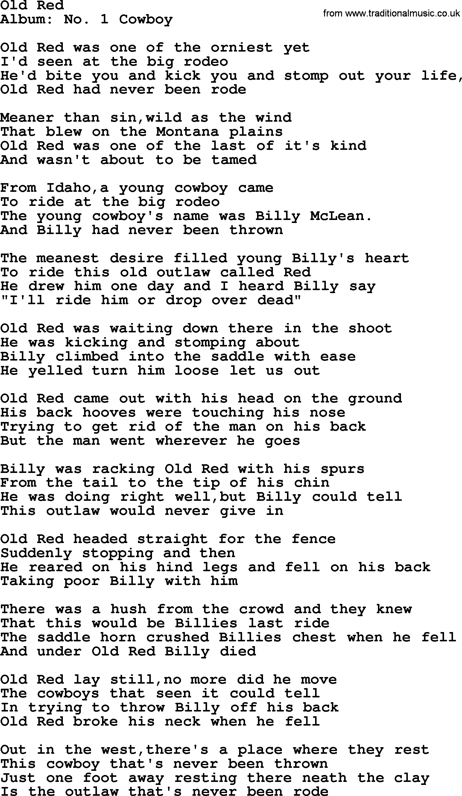 Marty Robbins song: Old Red, lyrics